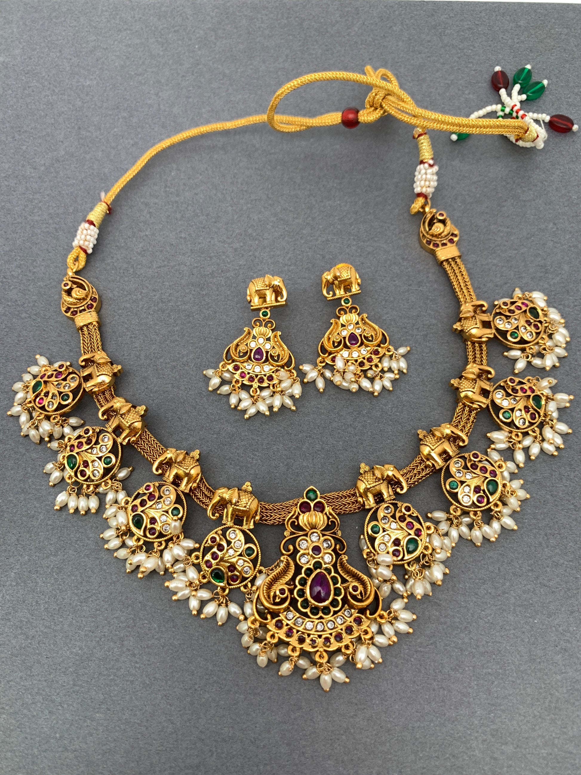 Elephant Design Matte Finish Red Green Multi Stone Ethnic Necklace