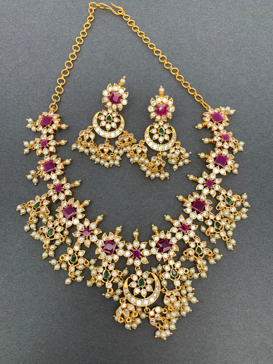 CZ Red Green Multi Stone Floral Pattern Guttapusalu