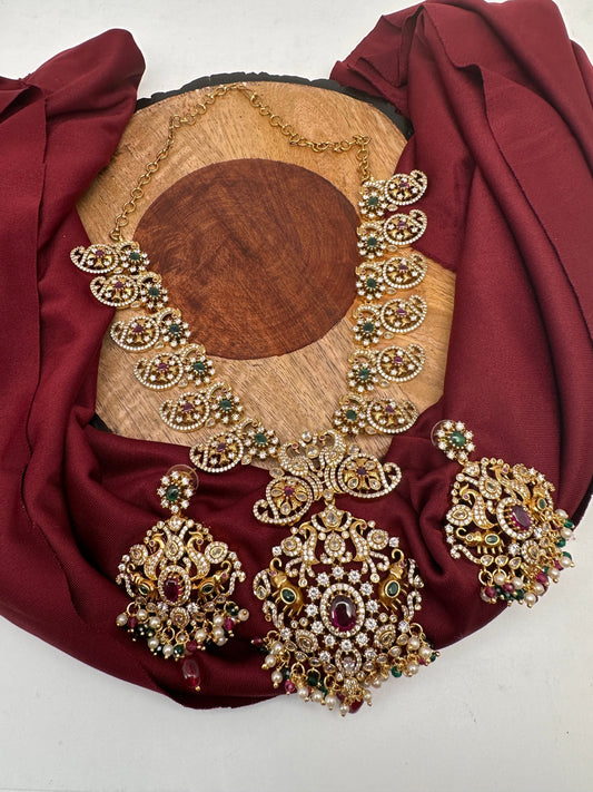 CZ Red Green Stone Mango Leaf Design Ethnic Necklace