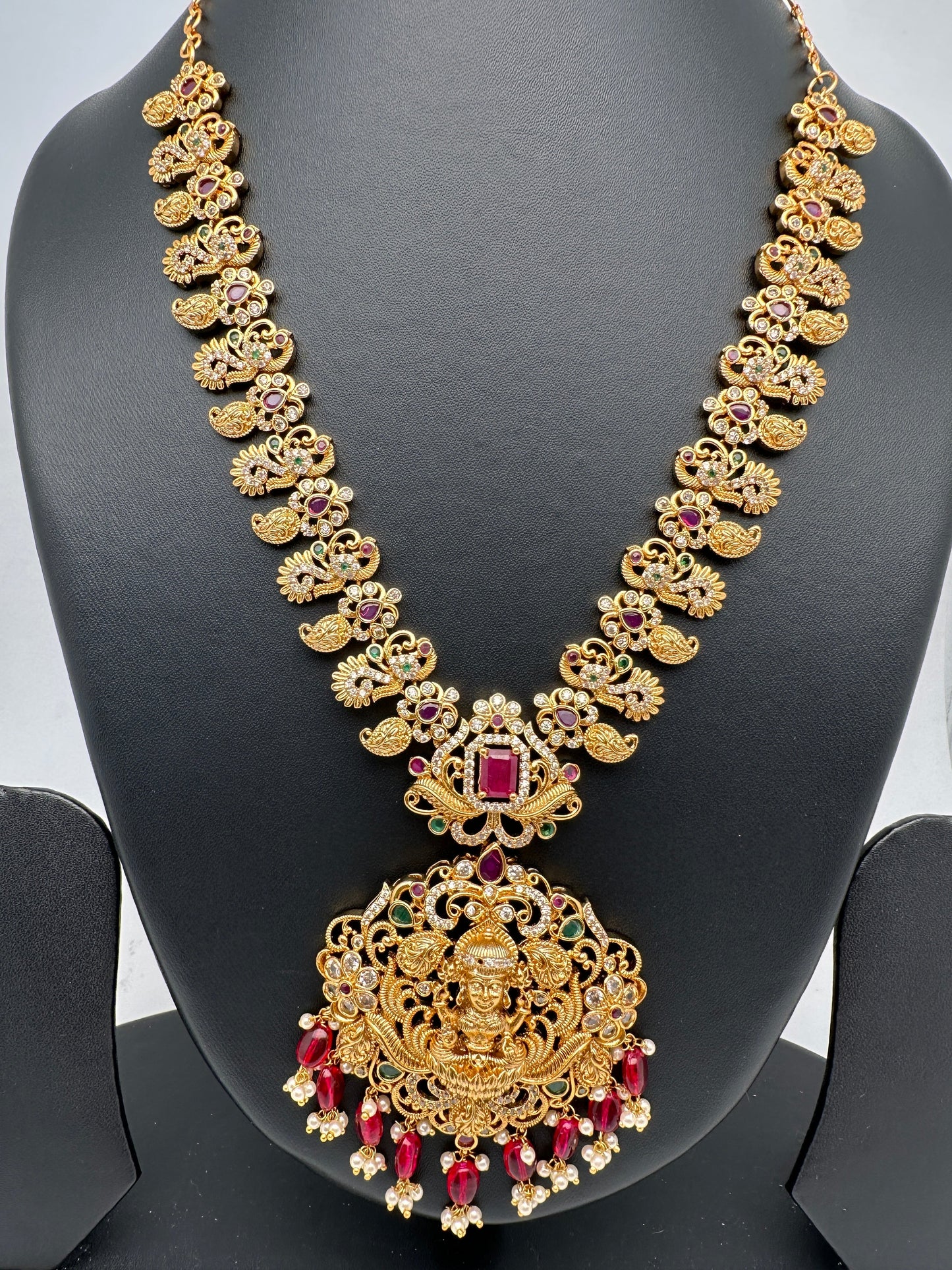 Goddess Lakshmi Mango Peacock Red beads Mala