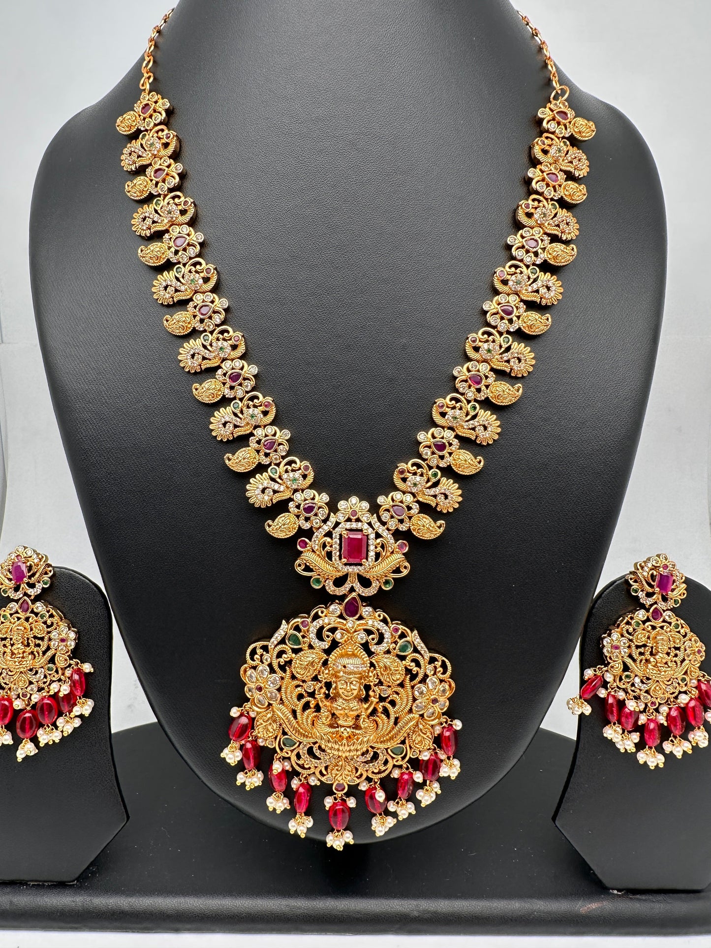 Goddess Lakshmi Mango Peacock Red beads Mala