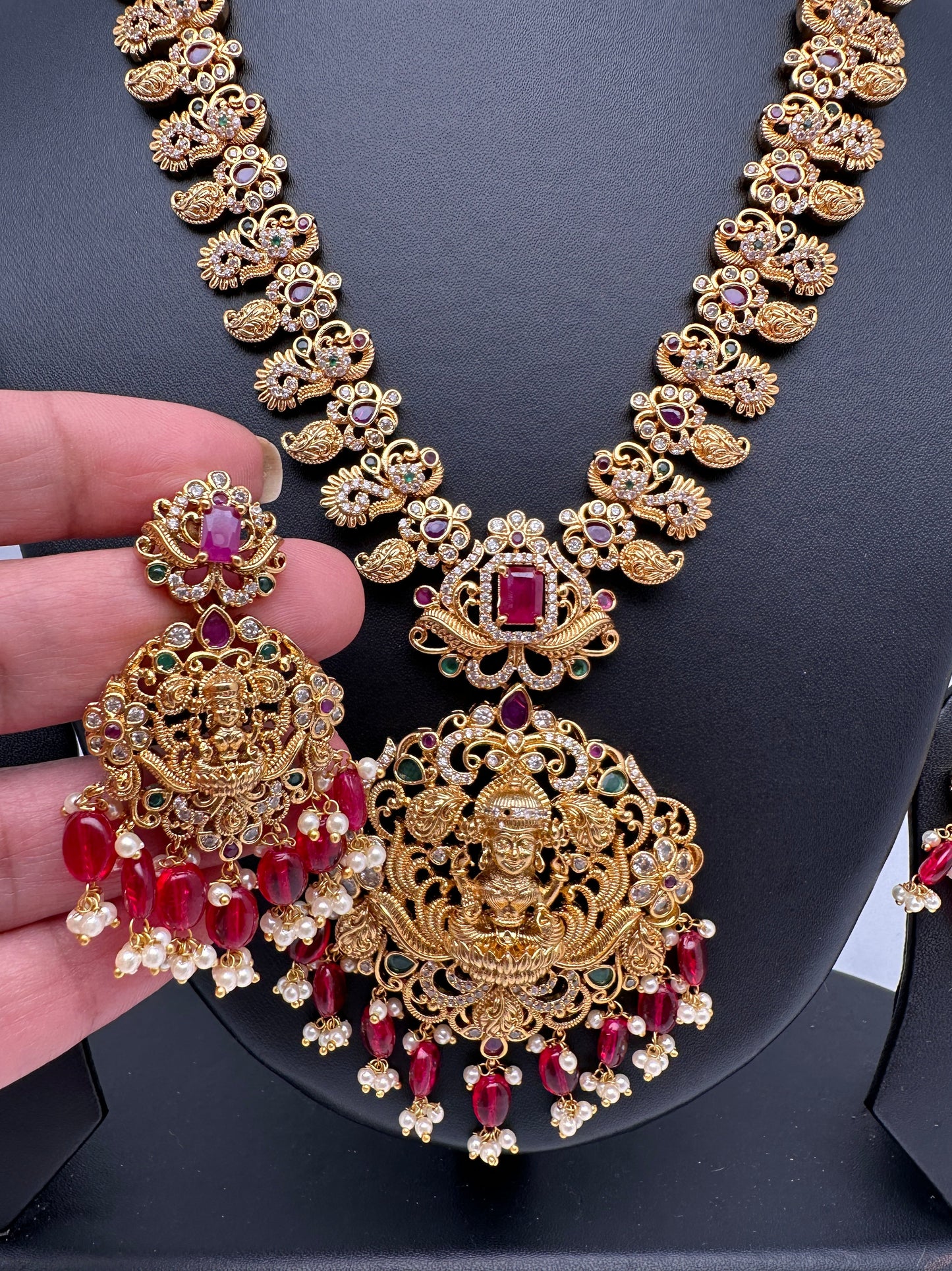 Goddess Lakshmi Mango Peacock Red beads Mala