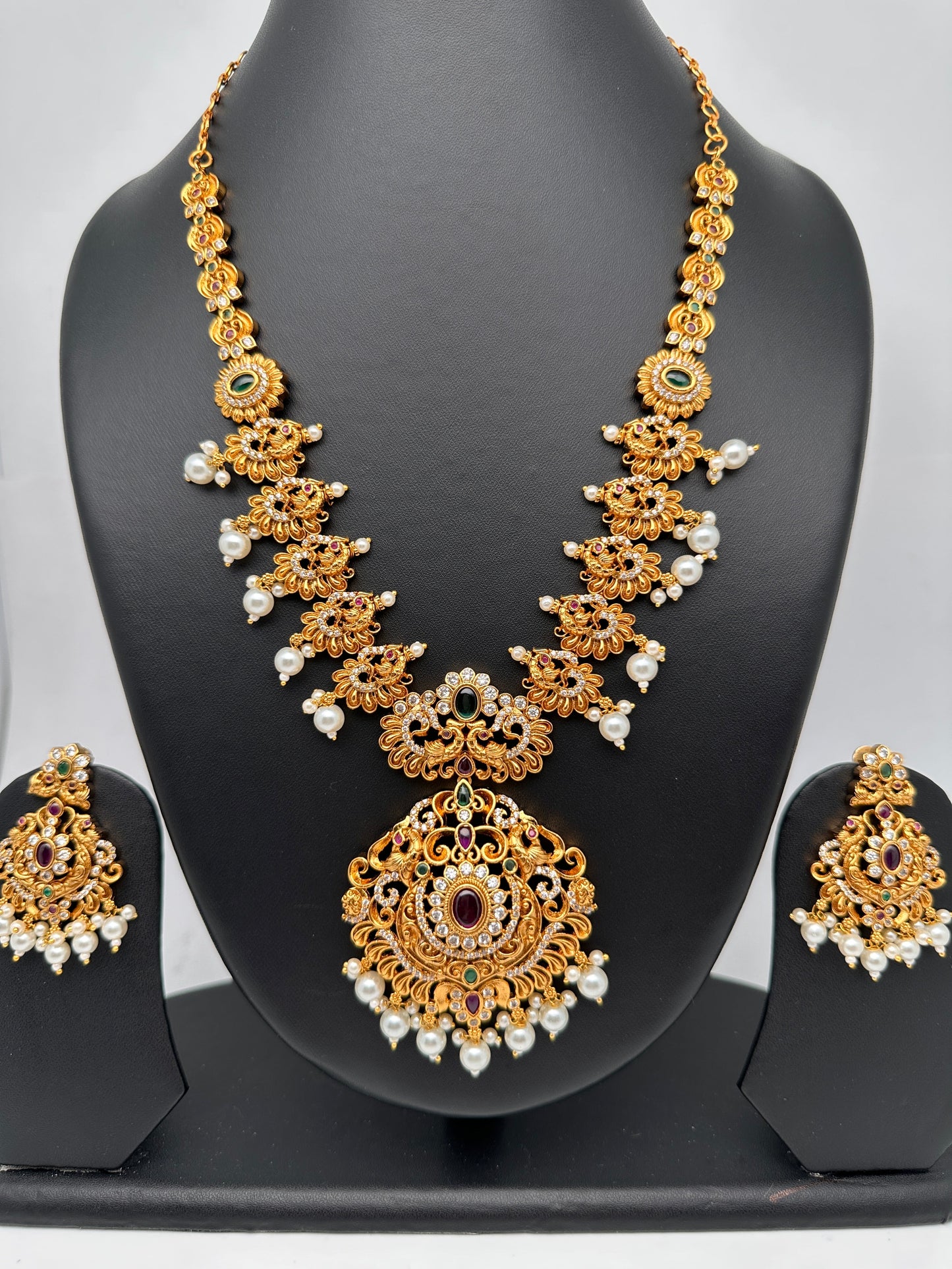 Red Green Multi Stone CZ Matte Finish Peacock Design Ethnic Necklace