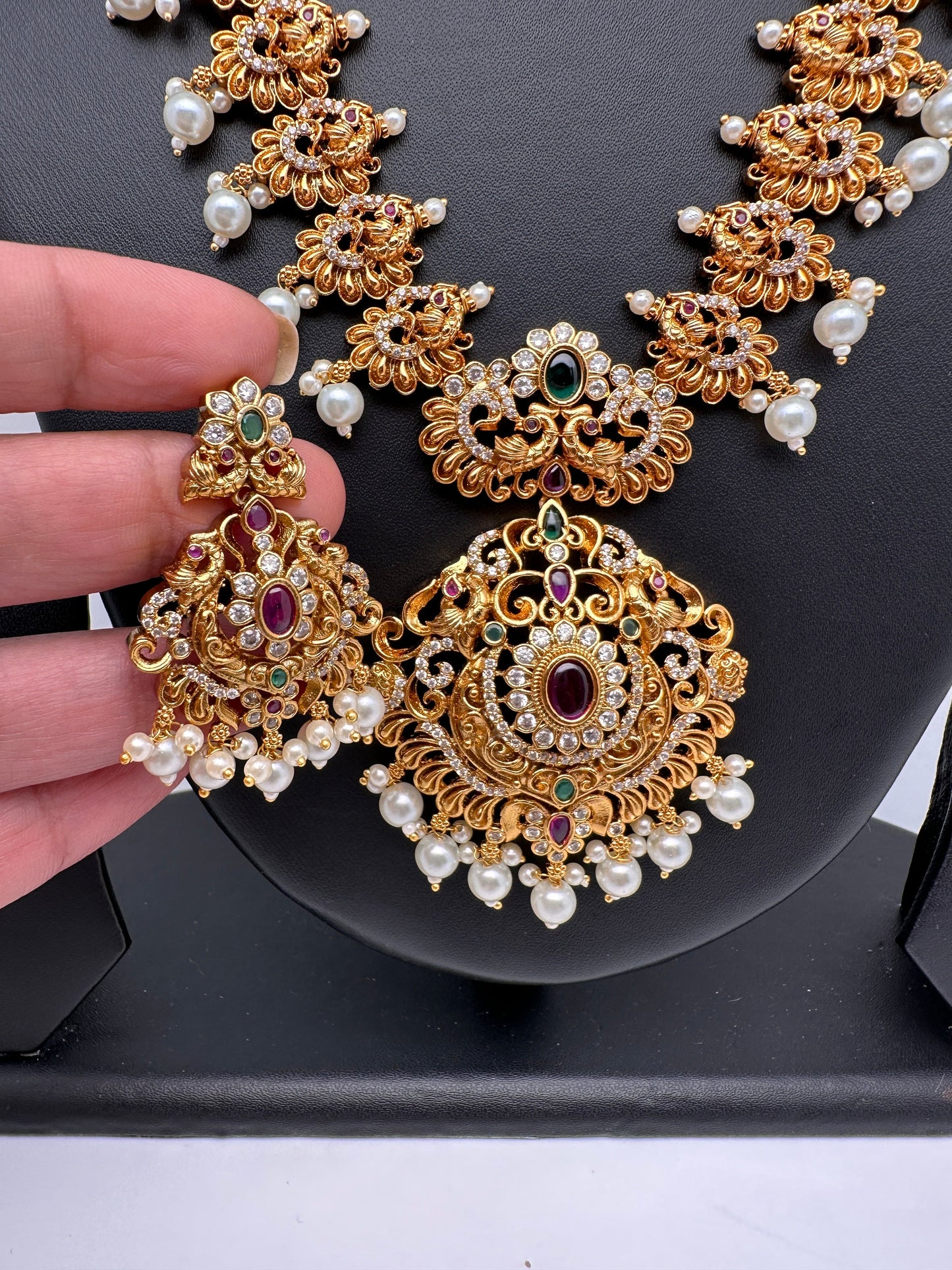Red Green Multi Stone CZ Matte Finish Peacock Design Ethnic Necklace