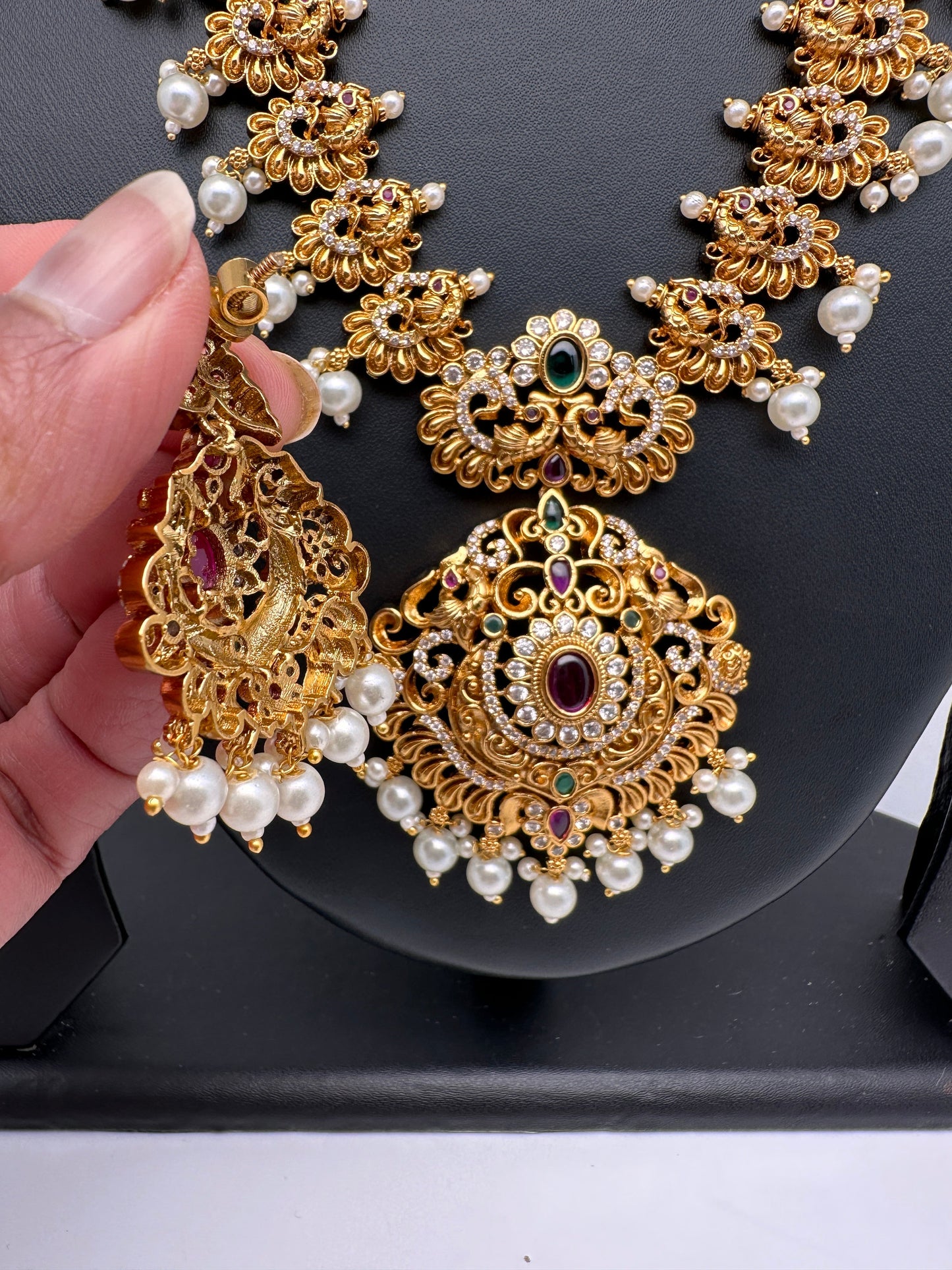 Red Green Multi Stone CZ Matte Finish Peacock Design Ethnic Necklace