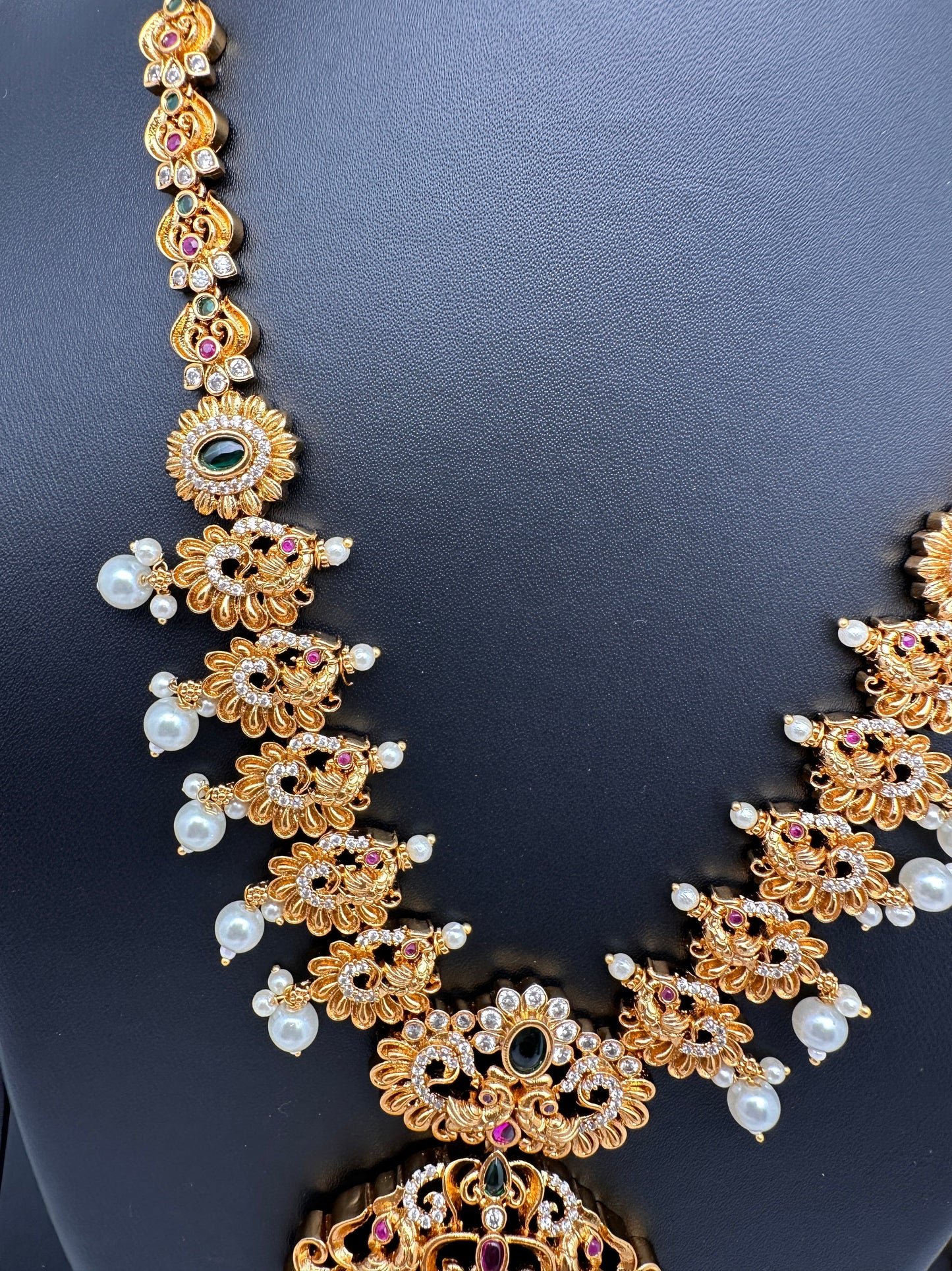 Red Green Multi Stone CZ Matte Finish Peacock Design Ethnic Necklace