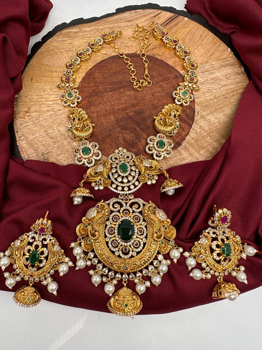 Floral Peacock Design CZ Matte Finish Ethnic Necklace