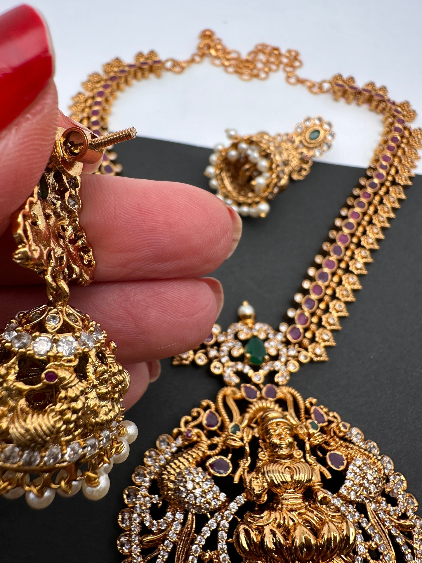 Goddess Lakshmi Red Kemp Green beads CZ Matte Finish Necklace