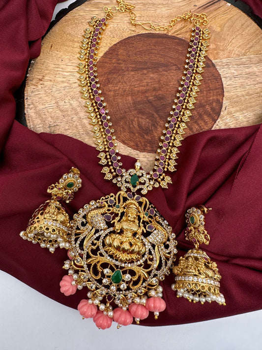 Goddess Lakshmi Pink Pumpkin beads CZ Matte Finish Necklace