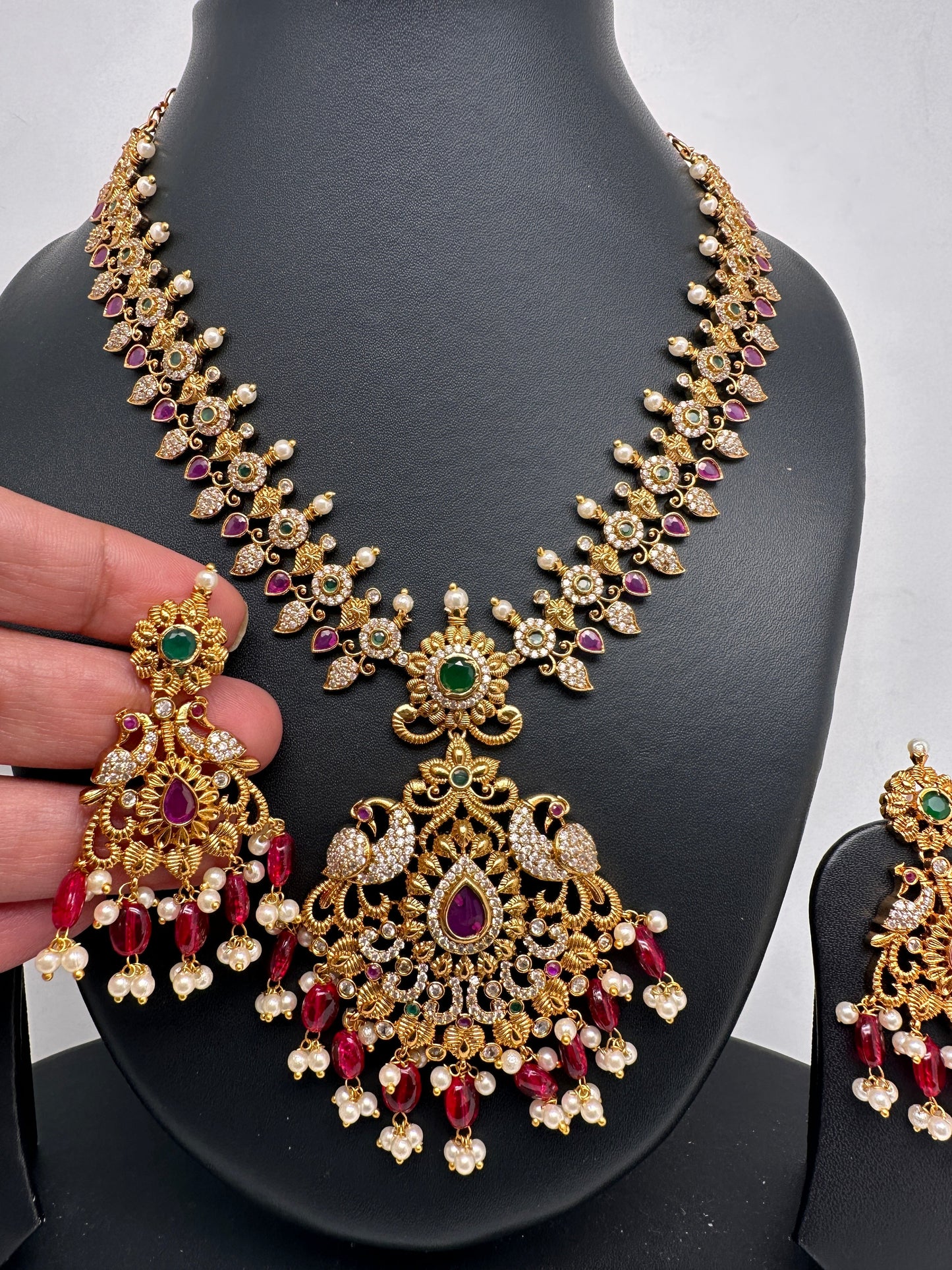 Peacock Design Red Stone Red beads CZ Matte Finish Ethnic Necklace