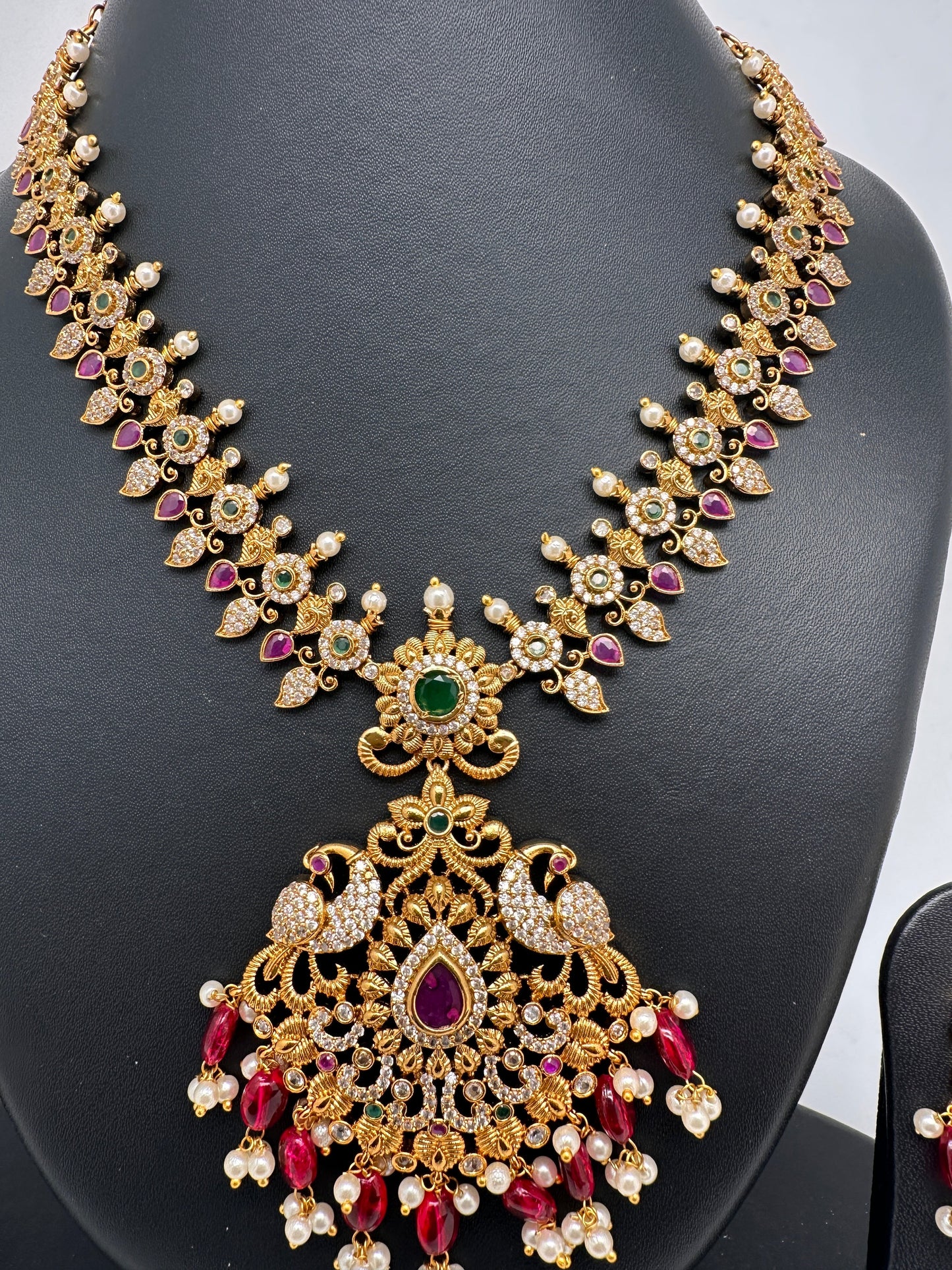 Peacock Design Red Stone Red beads CZ Matte Finish Ethnic Necklace