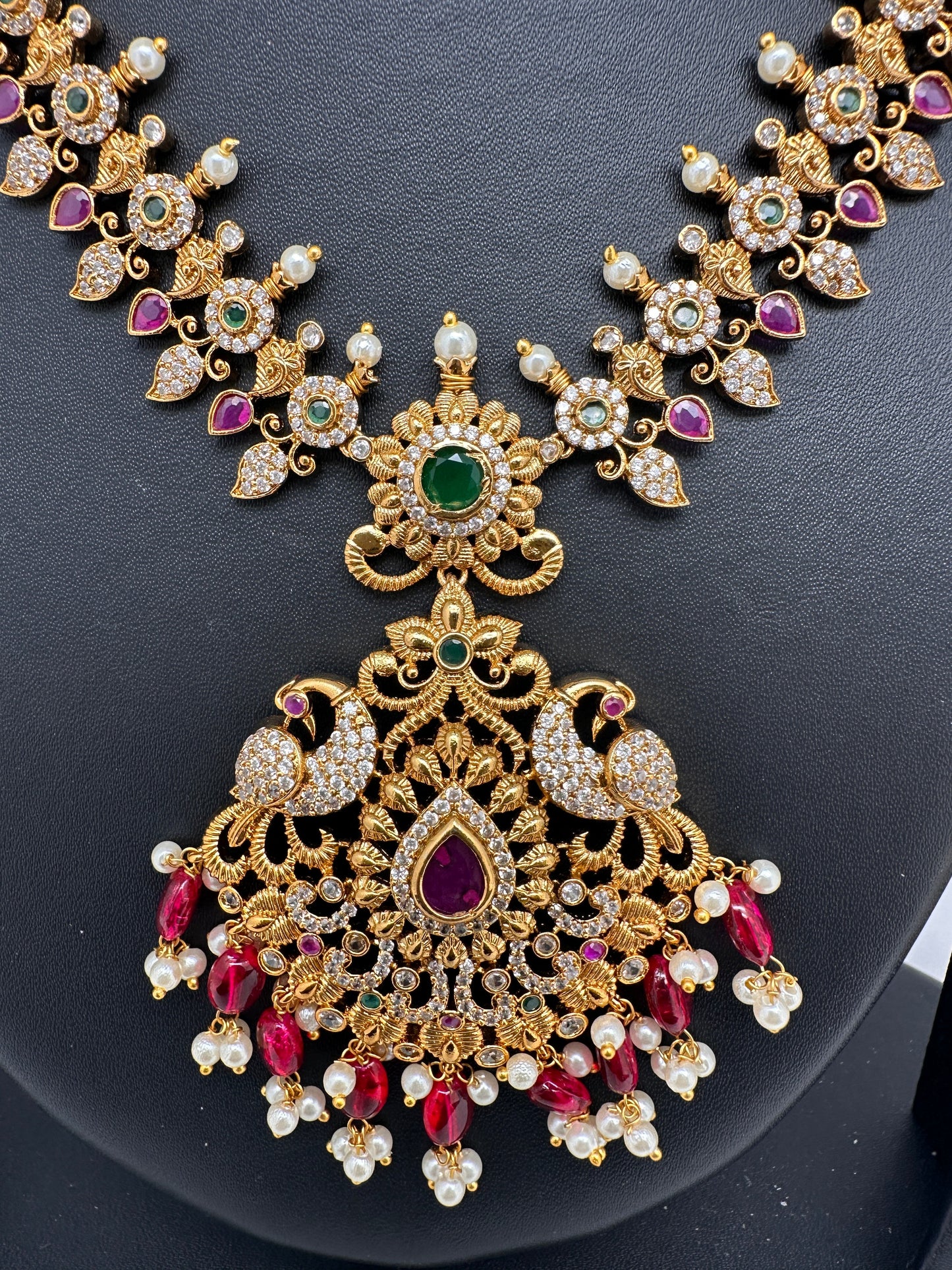 Peacock Design Red Stone Red beads CZ Matte Finish Ethnic Necklace