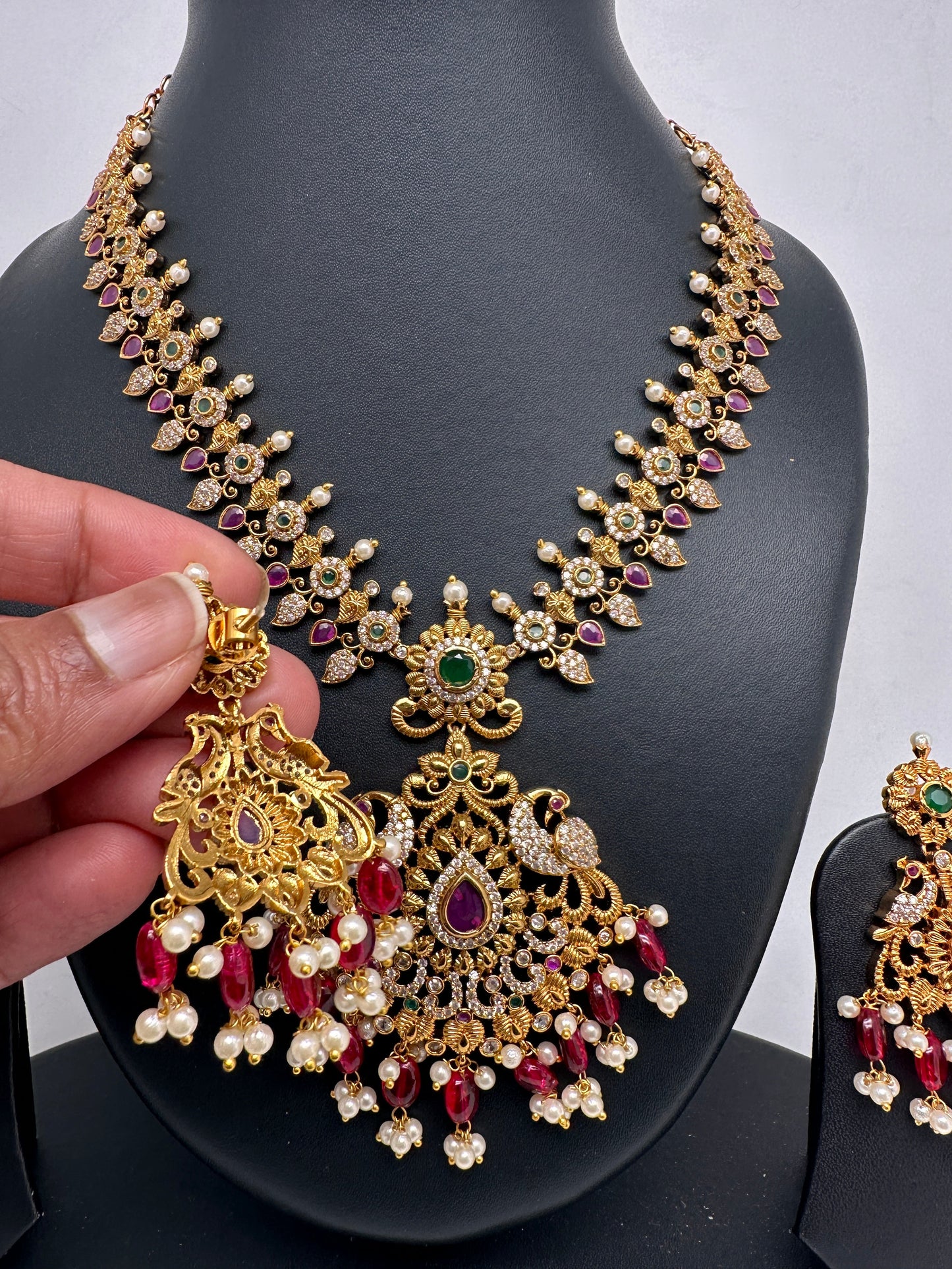 Peacock Design Red Stone Red beads CZ Matte Finish Ethnic Necklace