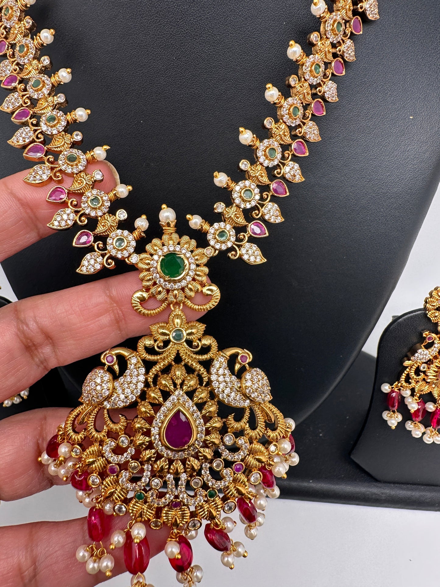 Peacock Design Red Stone Red beads CZ Matte Finish Ethnic Necklace