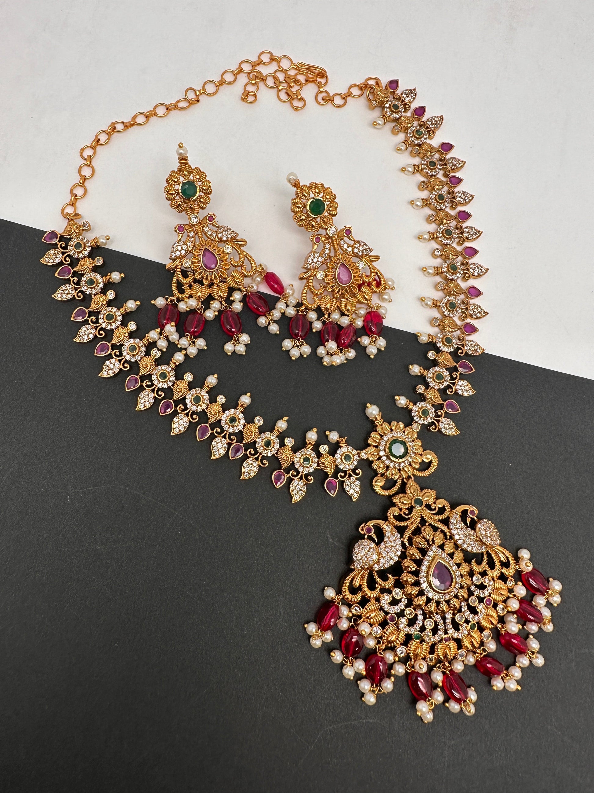 Peacock Design Red Stone Red beads CZ Matte Finish Ethnic Necklace