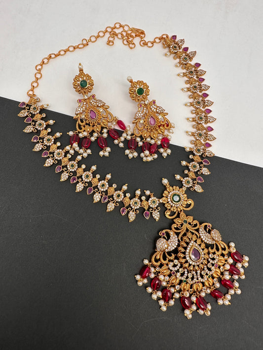 Peacock Design Red Stone Red beads CZ Matte Finish Ethnic Necklace