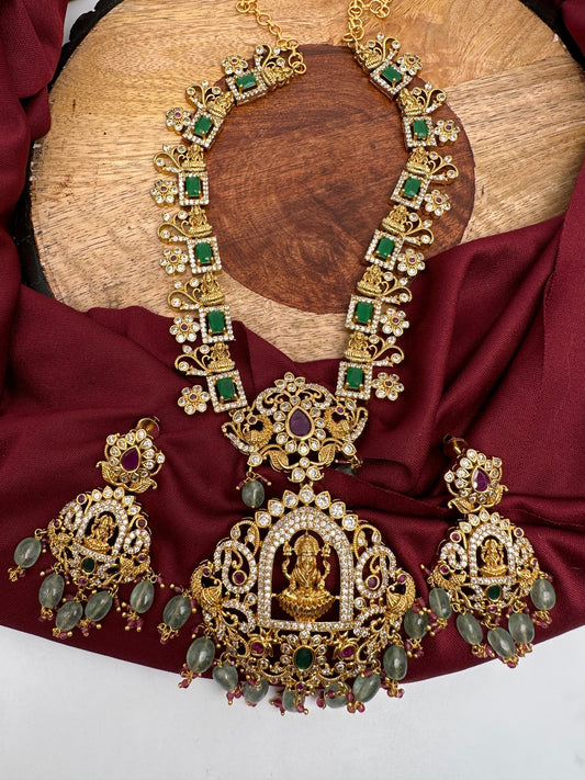 Goddess Lakshmi Green Stone Green beads CZ Matte Finish Necklace