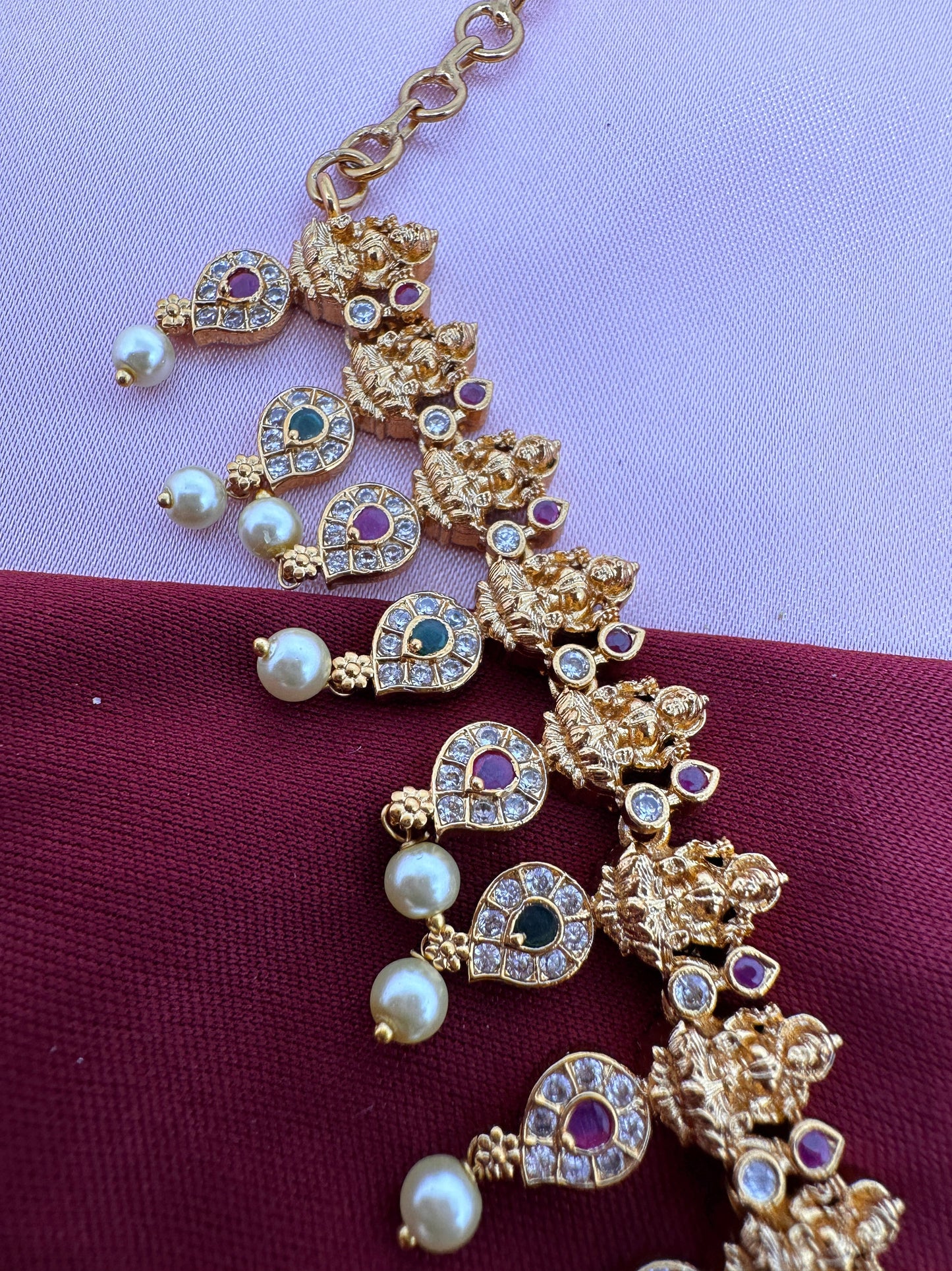 Goddess Lakshmi AD Red Green Stone Necklace