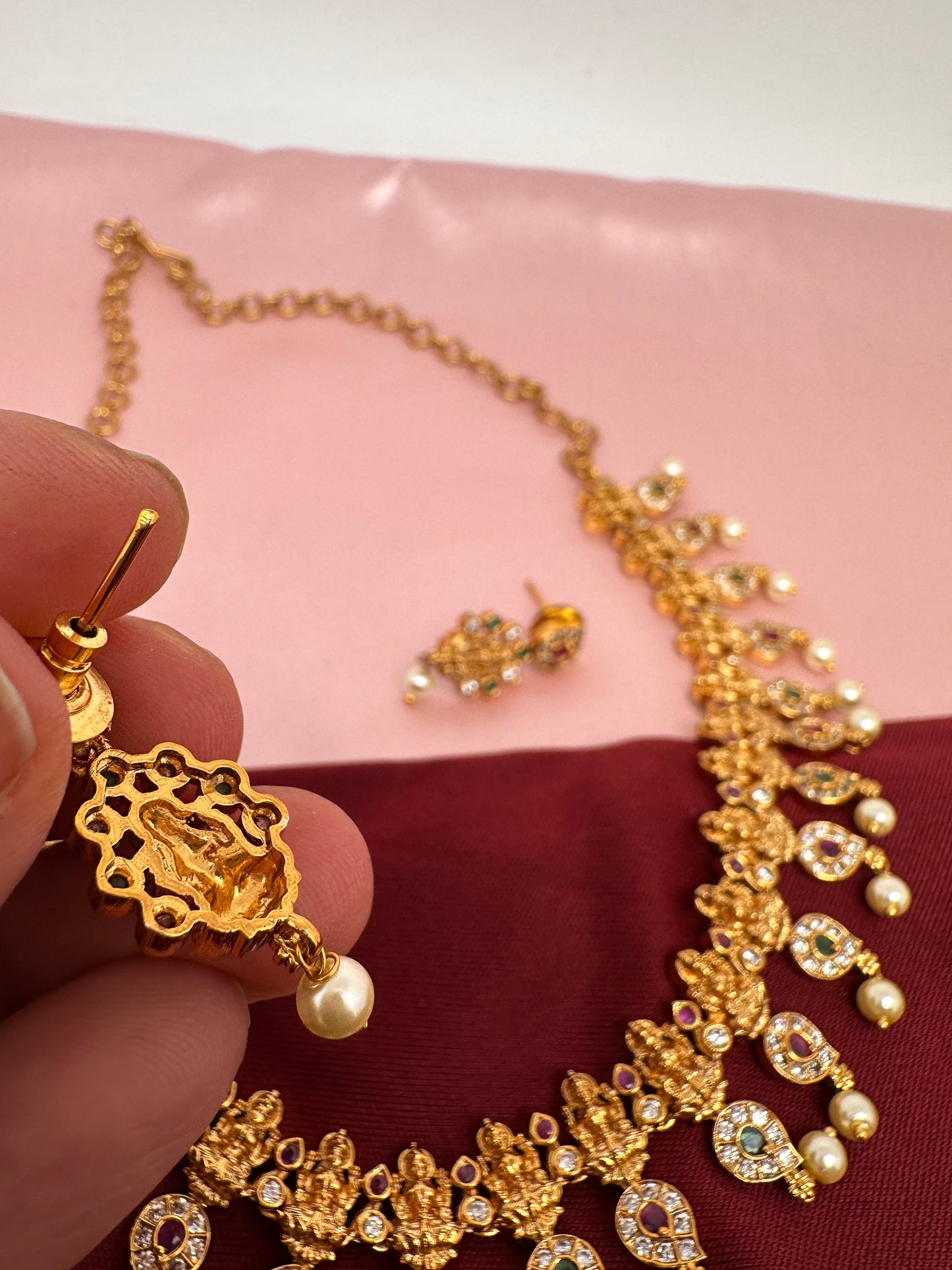 Goddess Lakshmi AD Red Green Stone Necklace