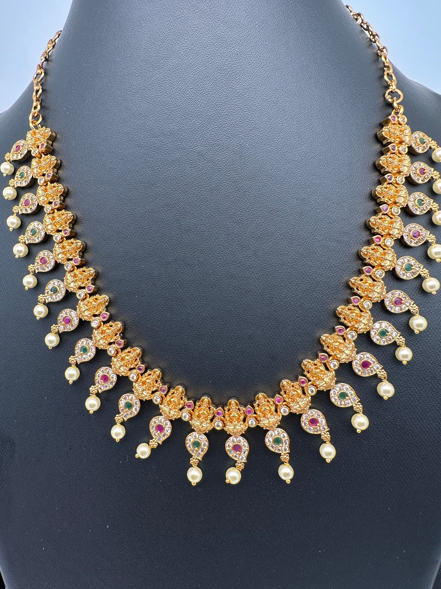 Goddess Lakshmi AD Red Green Stone Necklace