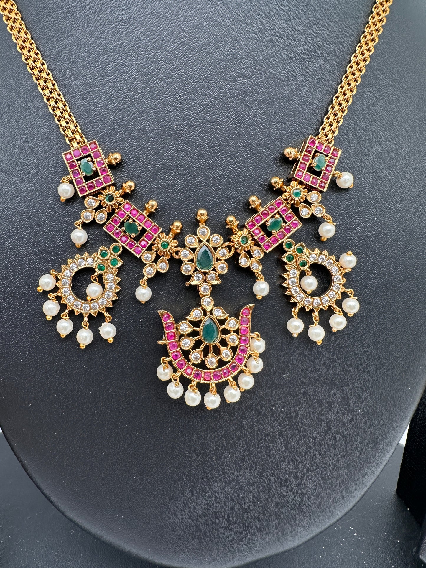 CZ Red Green Stone Chain Style Dainty Necklace