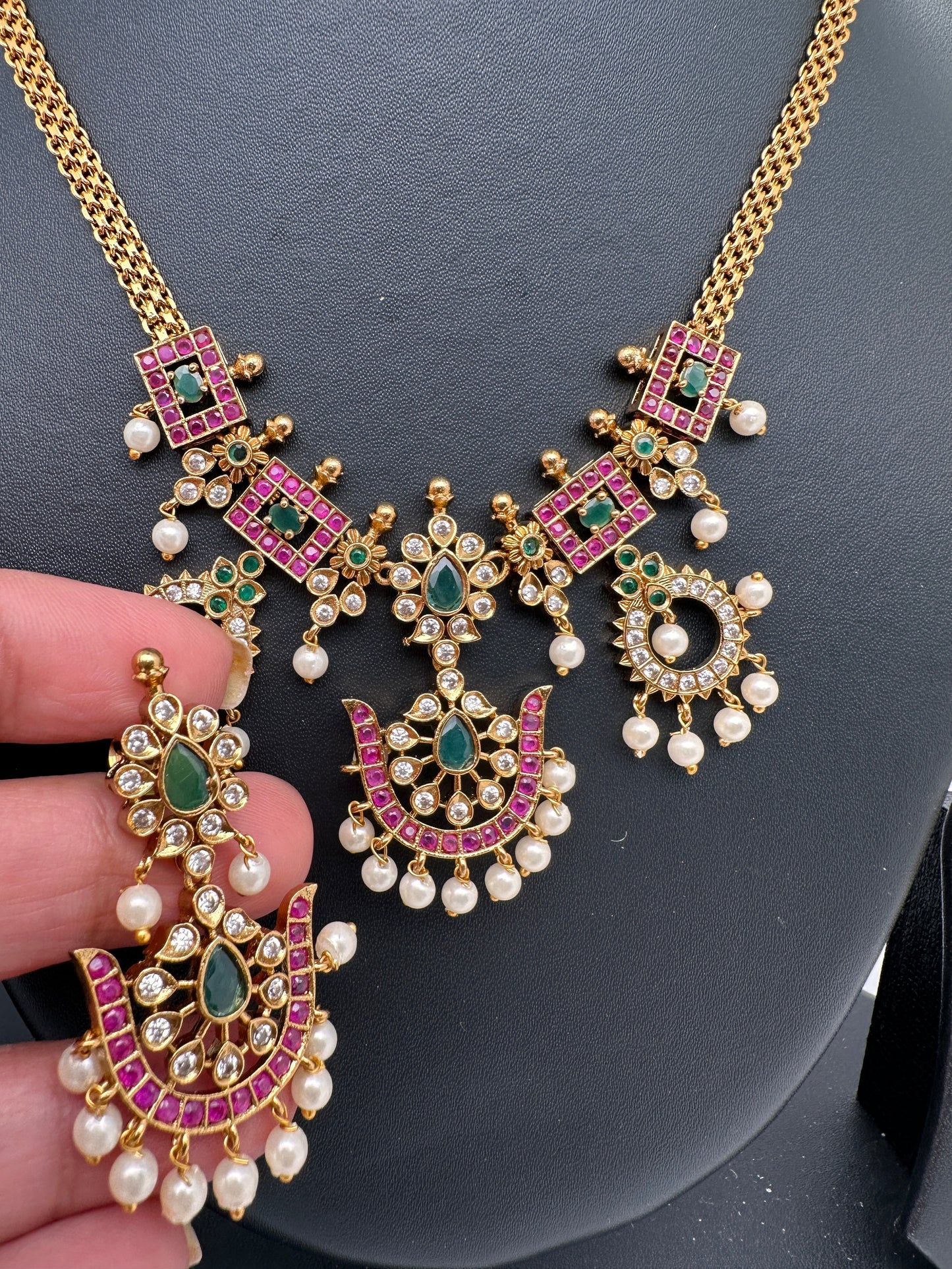 CZ Red Green Stone Chain Style Dainty Necklace
