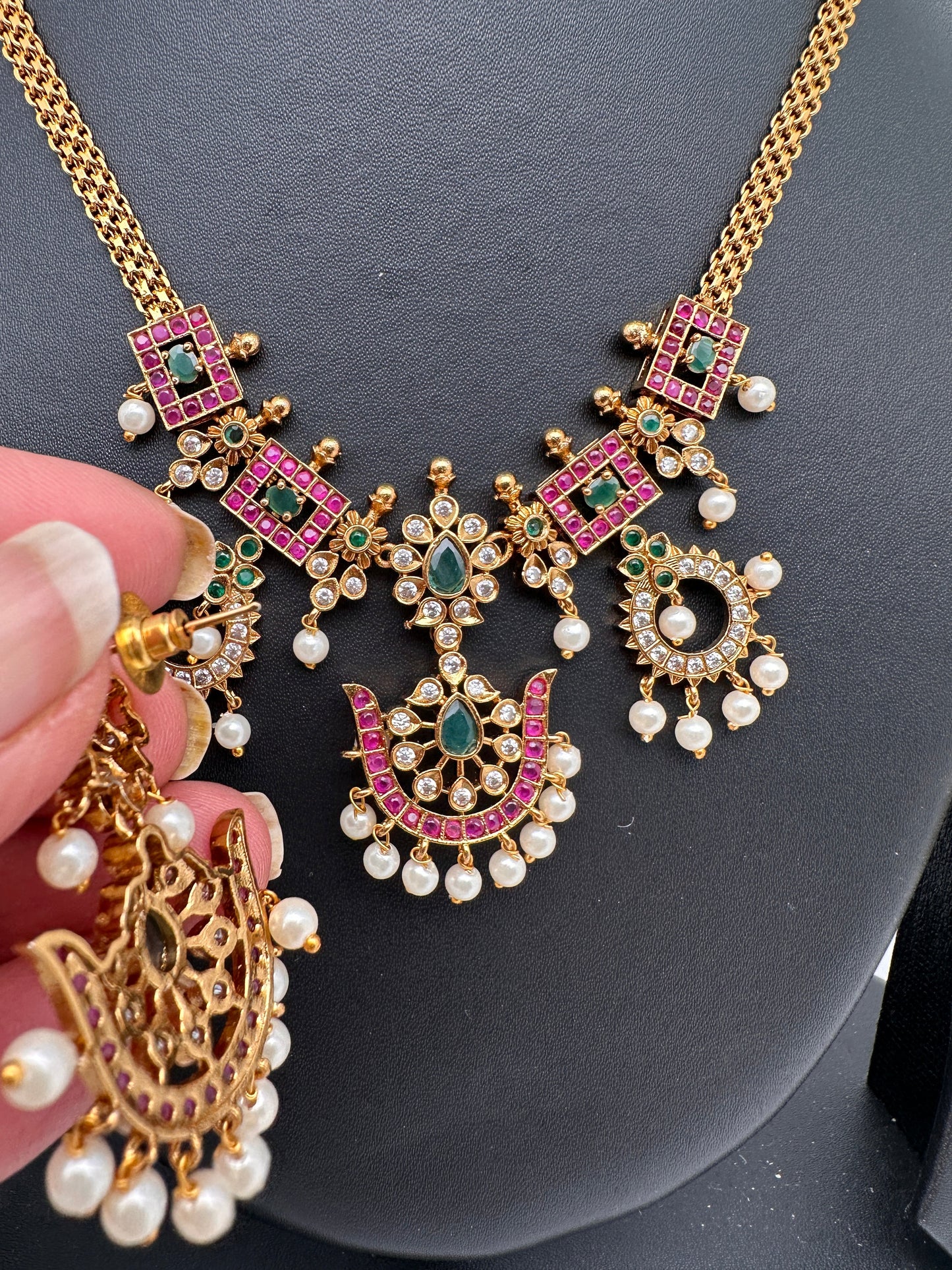 CZ Red Green Stone Chain Style Dainty Necklace