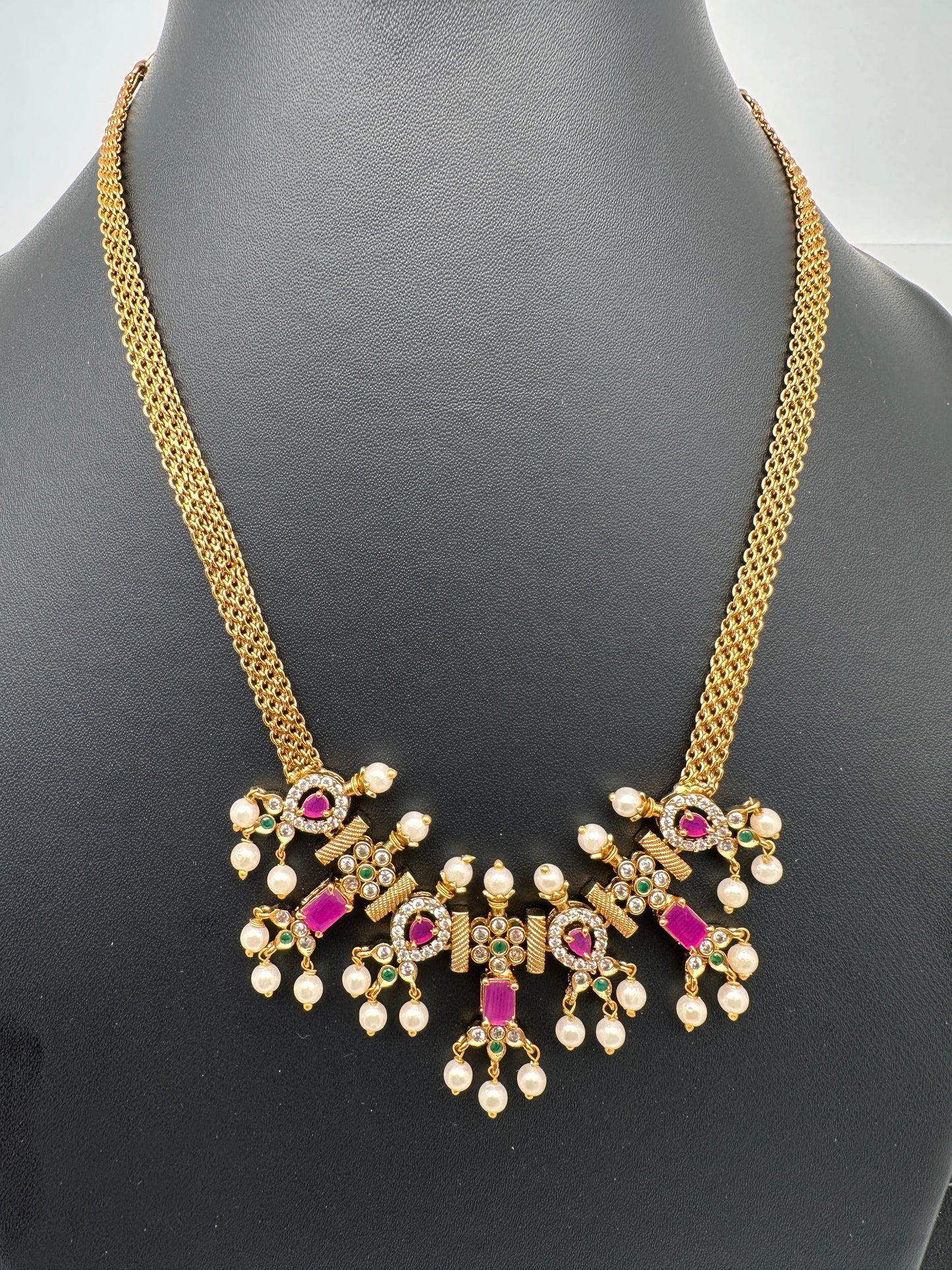 CZ Red Green Stone Chain Style Matte Finish Dainty Necklace
