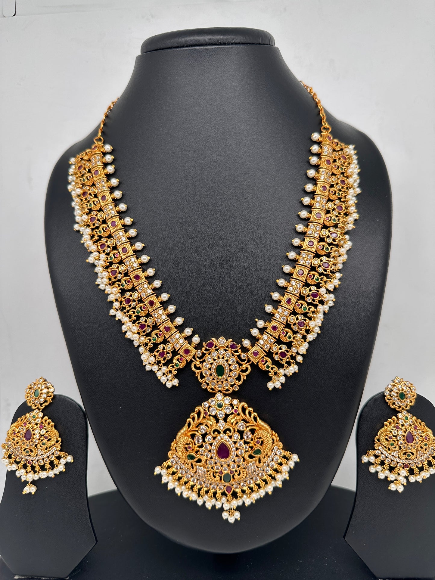 AD Red Green Multi Stone Peacock Floral Guttapusalu Necklace