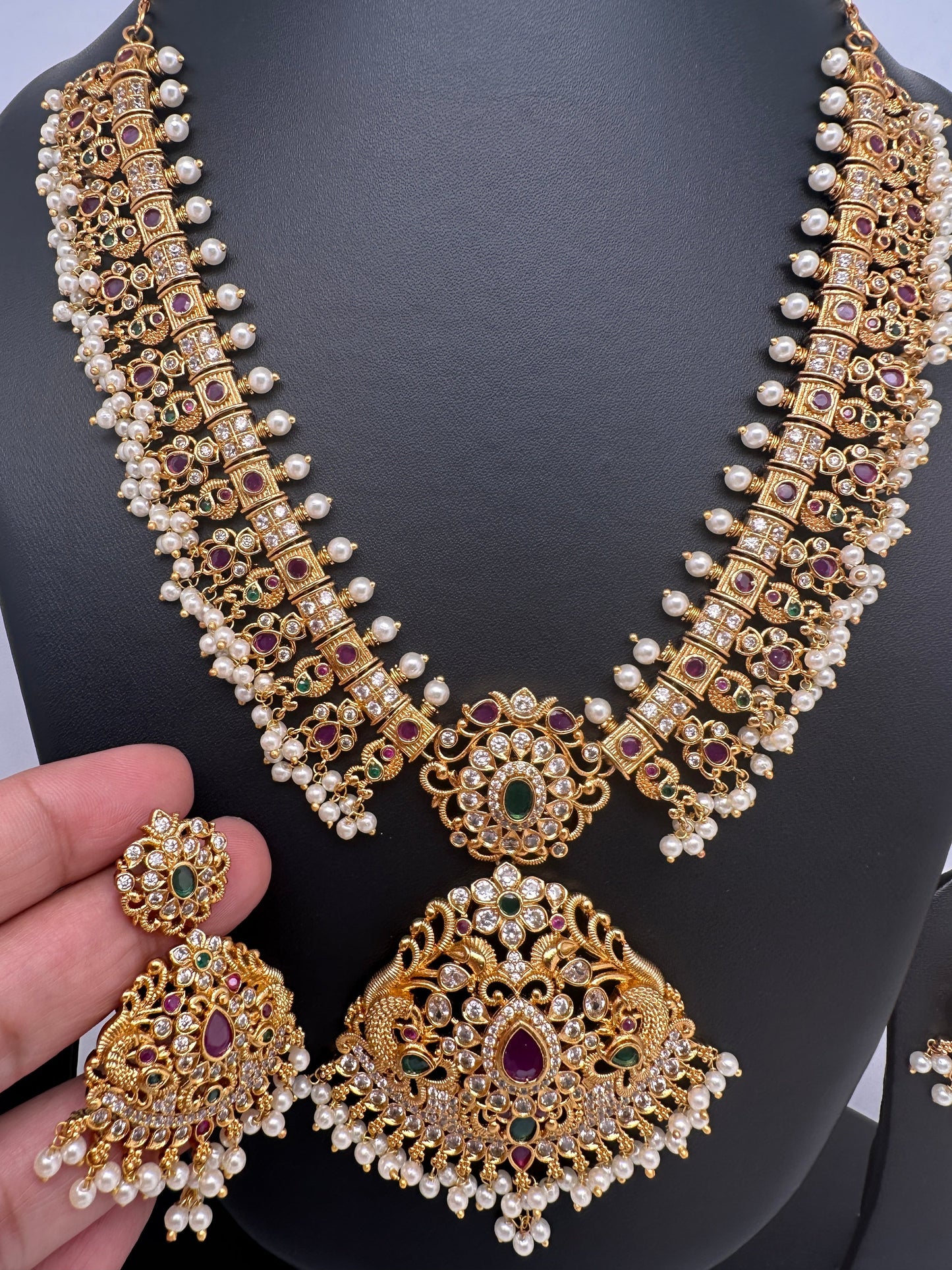 AD Red Green Multi Stone Peacock Floral Guttapusalu Necklace