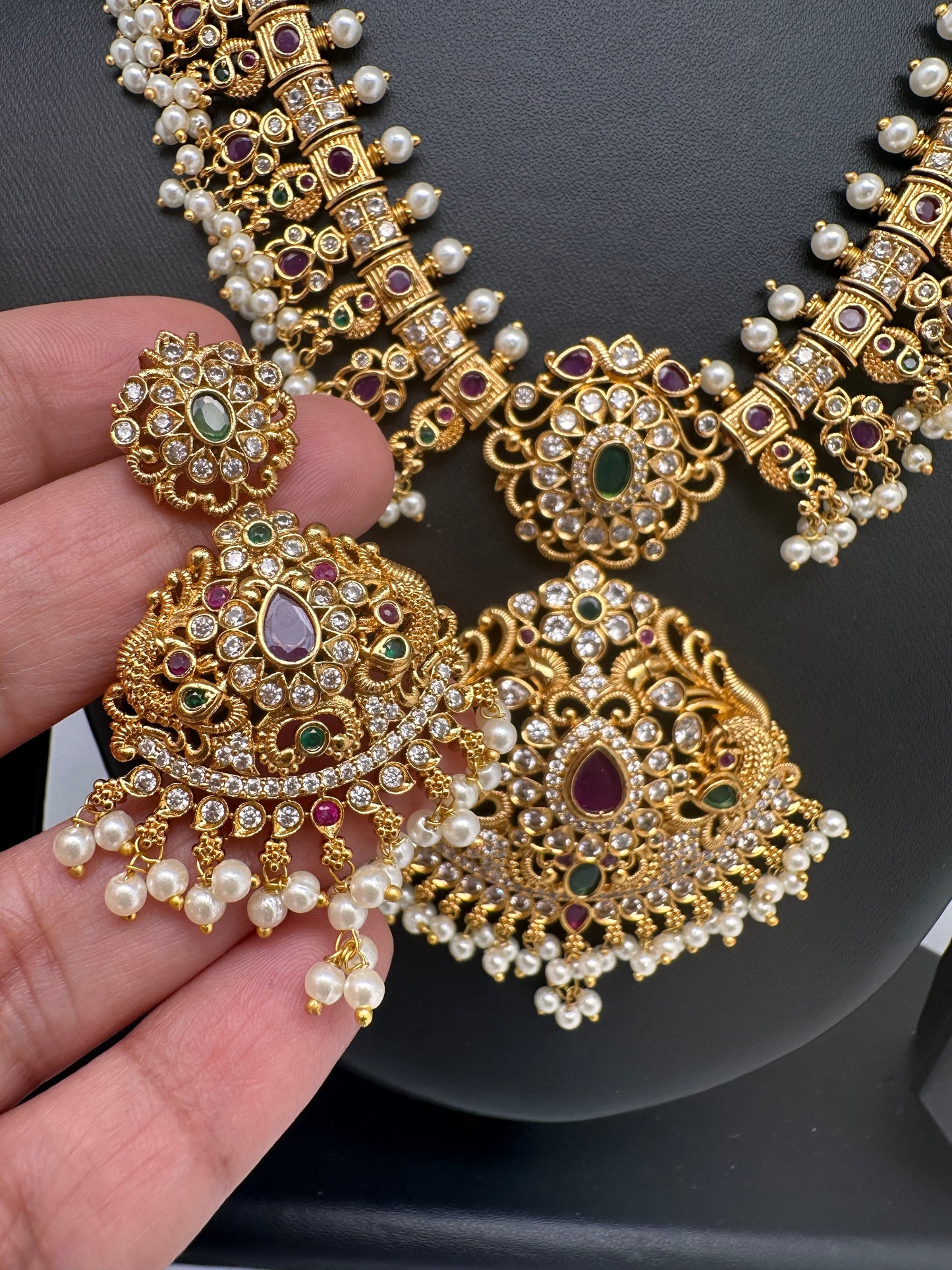 AD Red Green Multi Stone Peacock Floral Guttapusalu Necklace