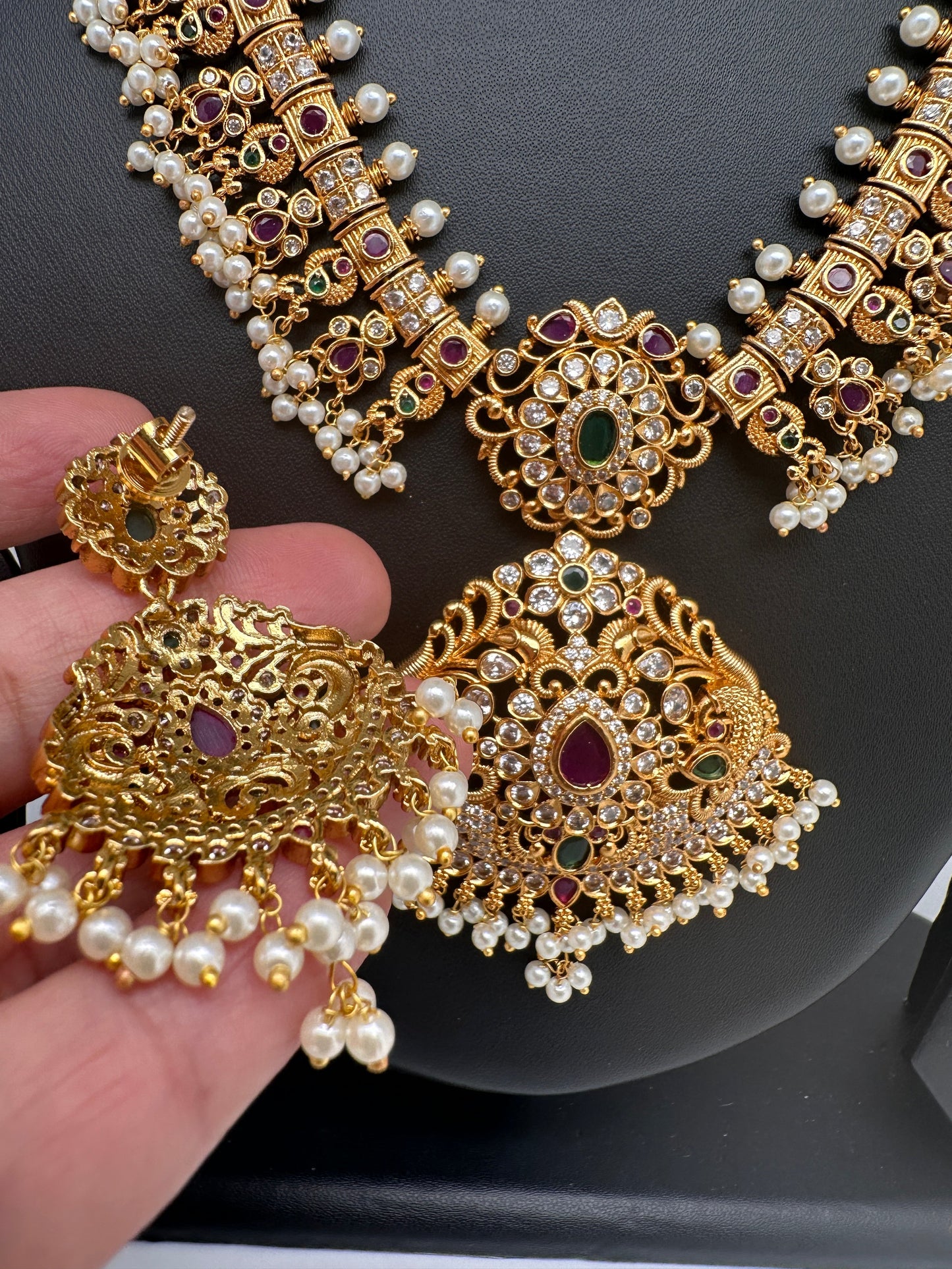 AD Red Green Multi Stone Peacock Floral Guttapusalu Necklace