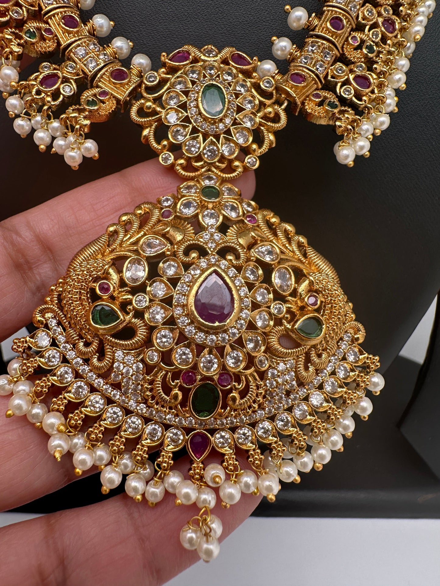 AD Red Green Multi Stone Peacock Floral Guttapusalu Necklace