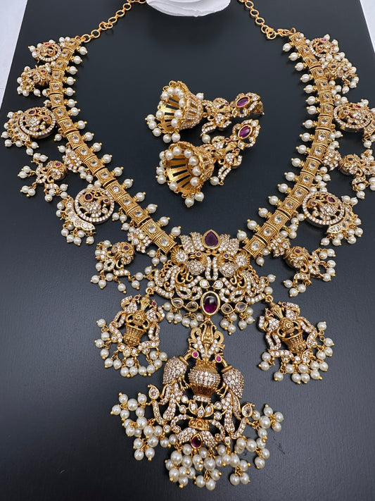 CZ Peacock Design Color Stone Matte Finish Guttapusalu Necklace - Red