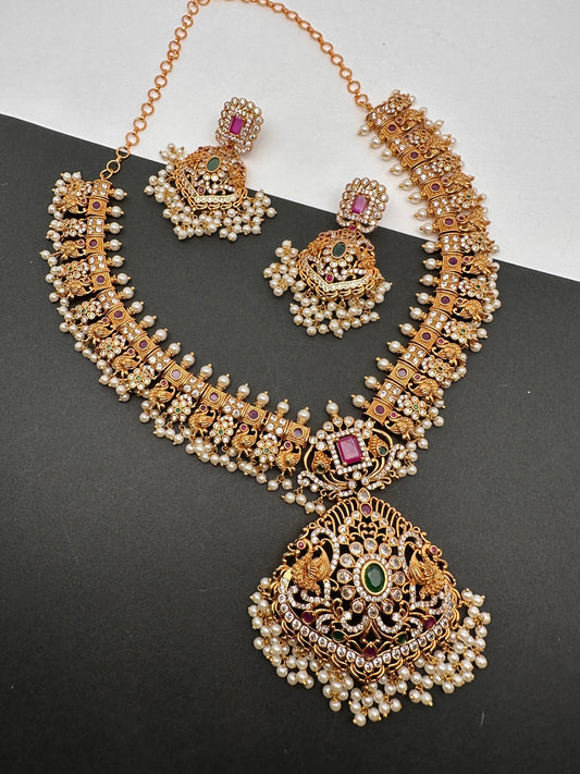 CZ Red Green Stone Round Pearls Guttapusalu Necklace