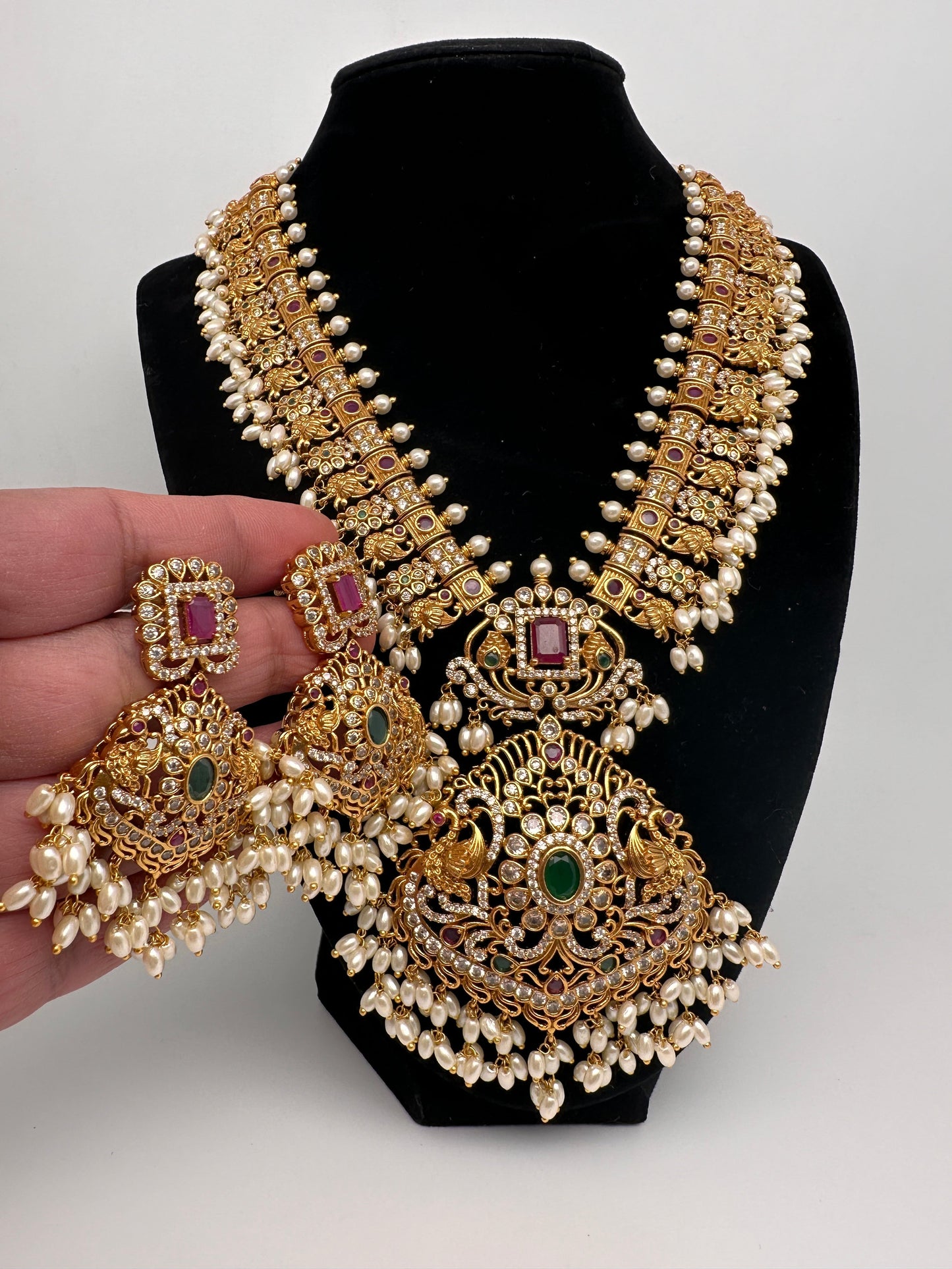 CZ Red Green Stone Rice Pearls Guttapusalu Necklace