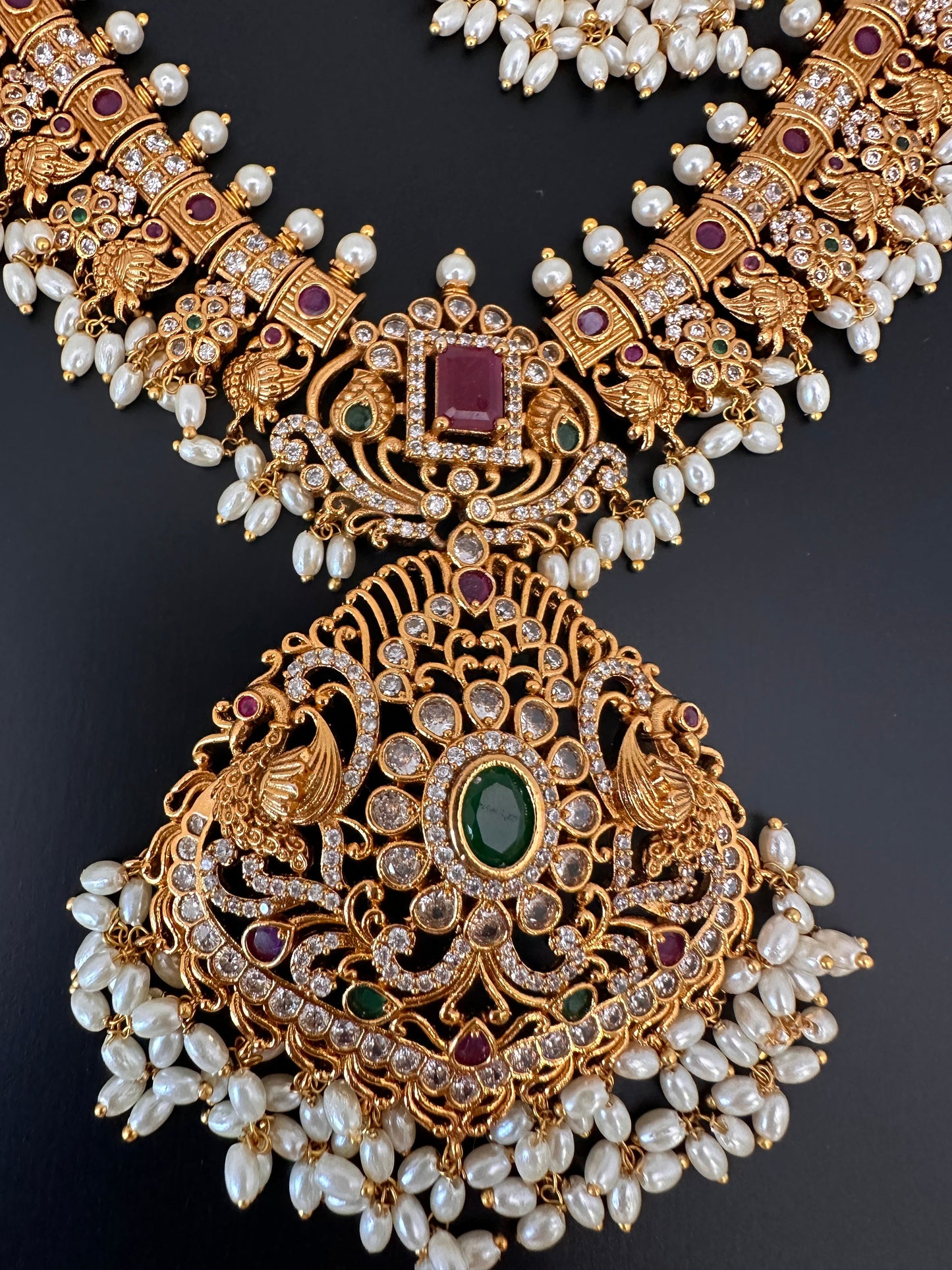 CZ Red Green Stone Rice Pearls Guttapusalu Necklace