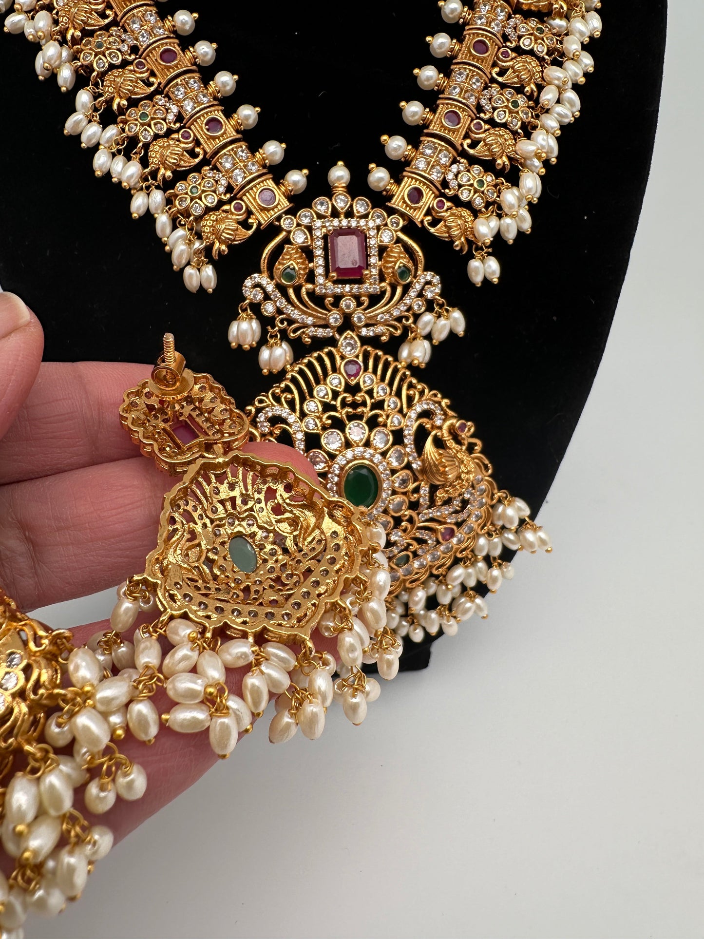 CZ Red Green Stone Rice Pearls Guttapusalu Necklace
