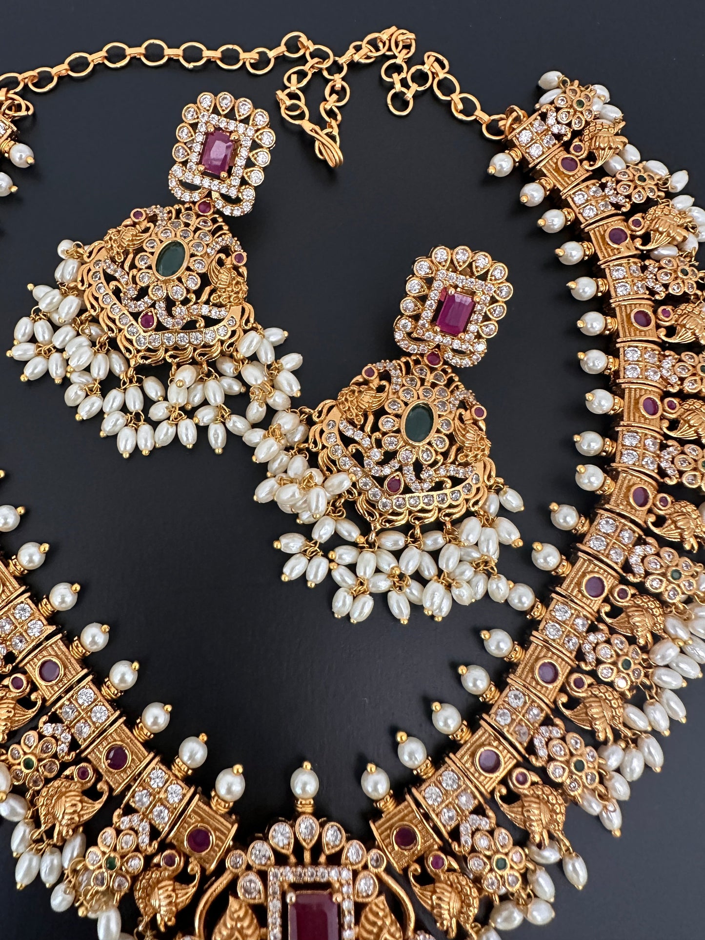 CZ Red Green Stone Rice Pearls Guttapusalu Necklace