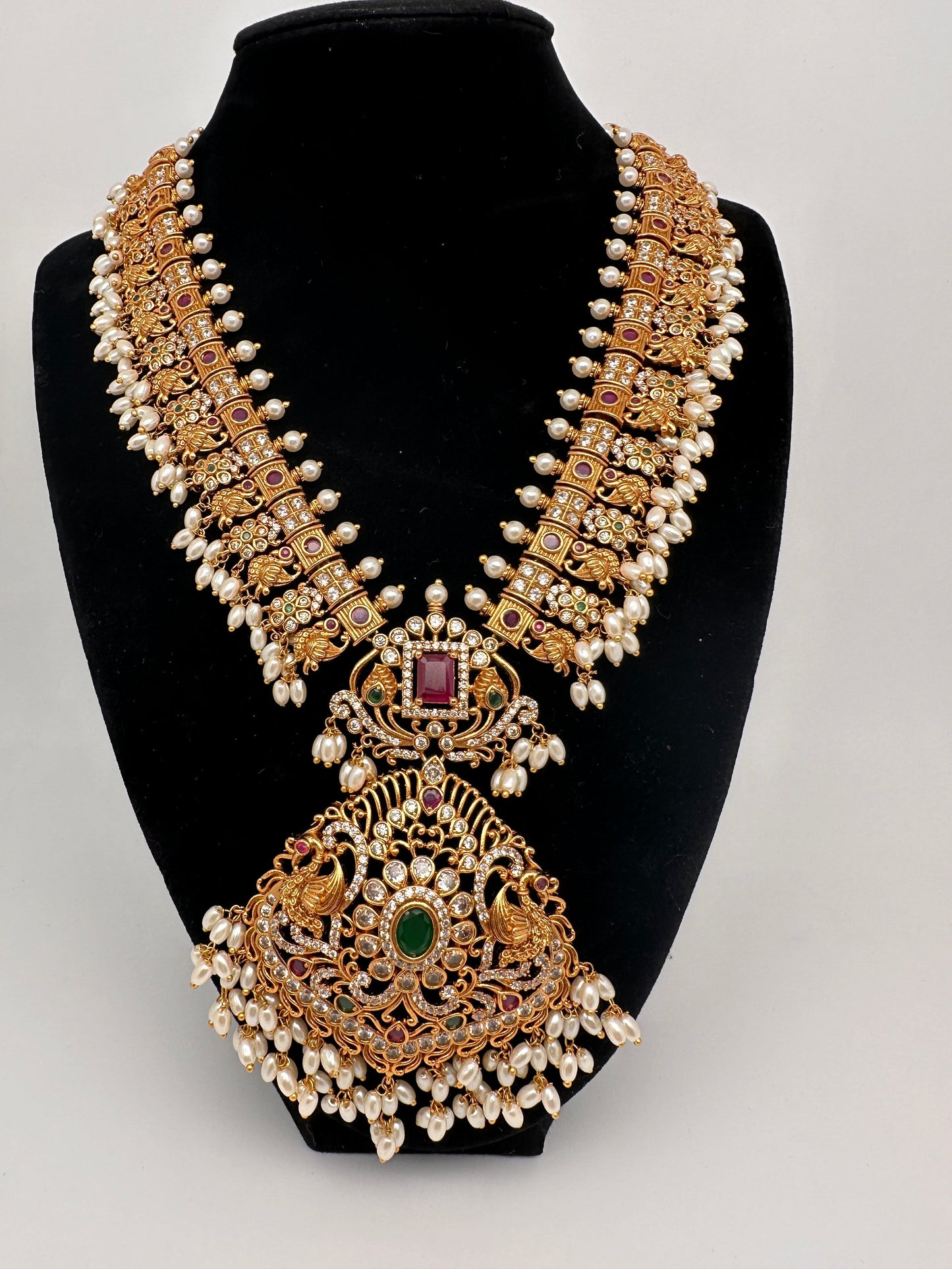 CZ Red Green Stone Rice Pearls Guttapusalu Necklace