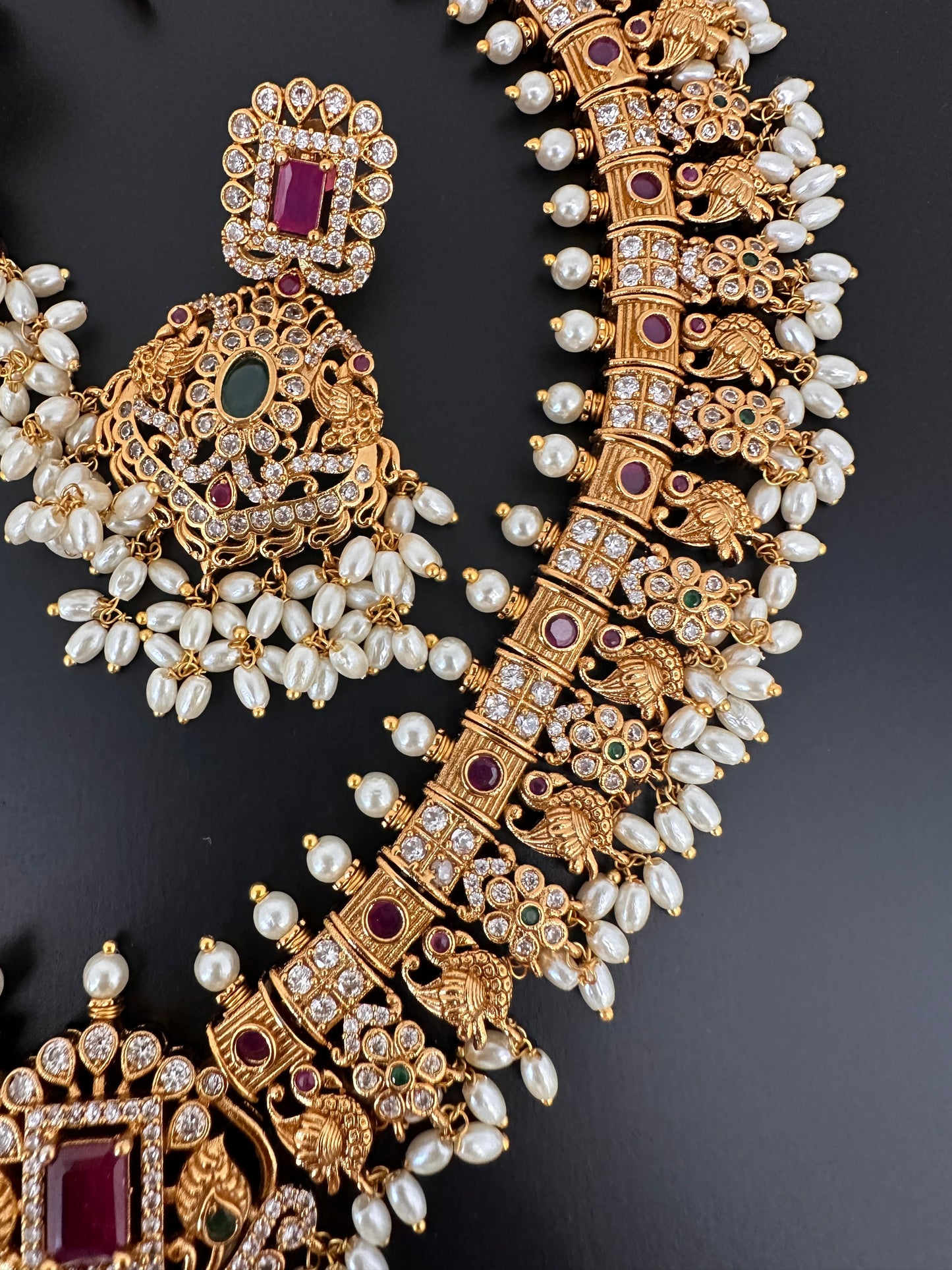 CZ Red Green Stone Rice Pearls Guttapusalu Necklace