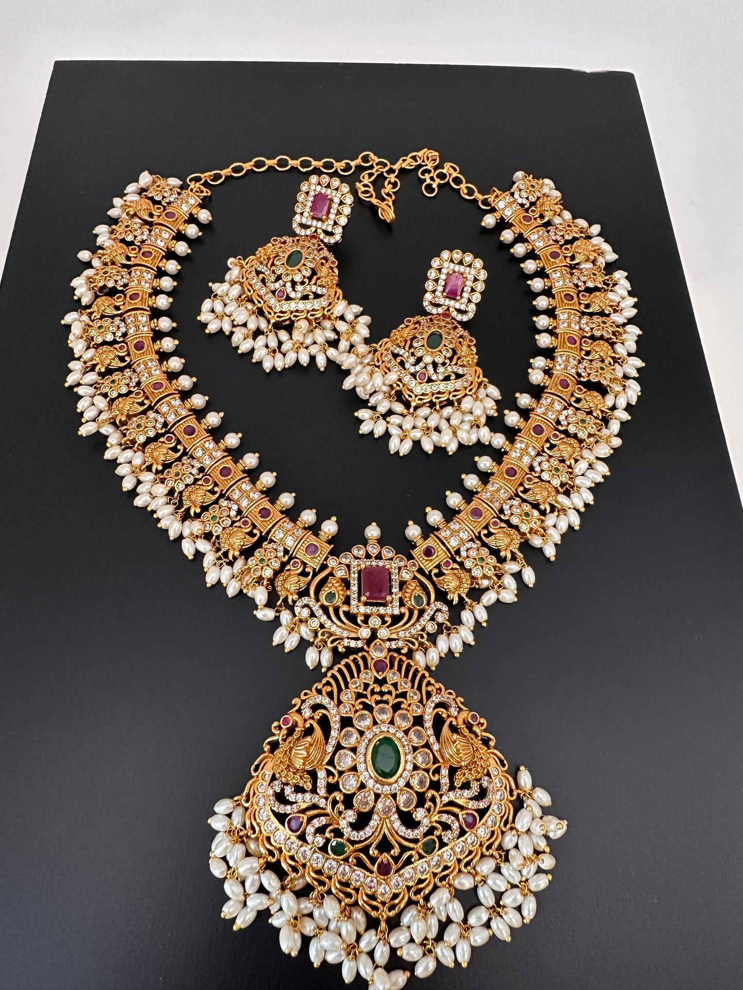 CZ Red Green Stone Rice Pearls Guttapusalu Necklace