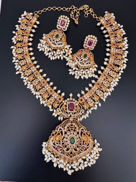 CZ Red Green Stone Rice Pearls Guttapusalu Necklace