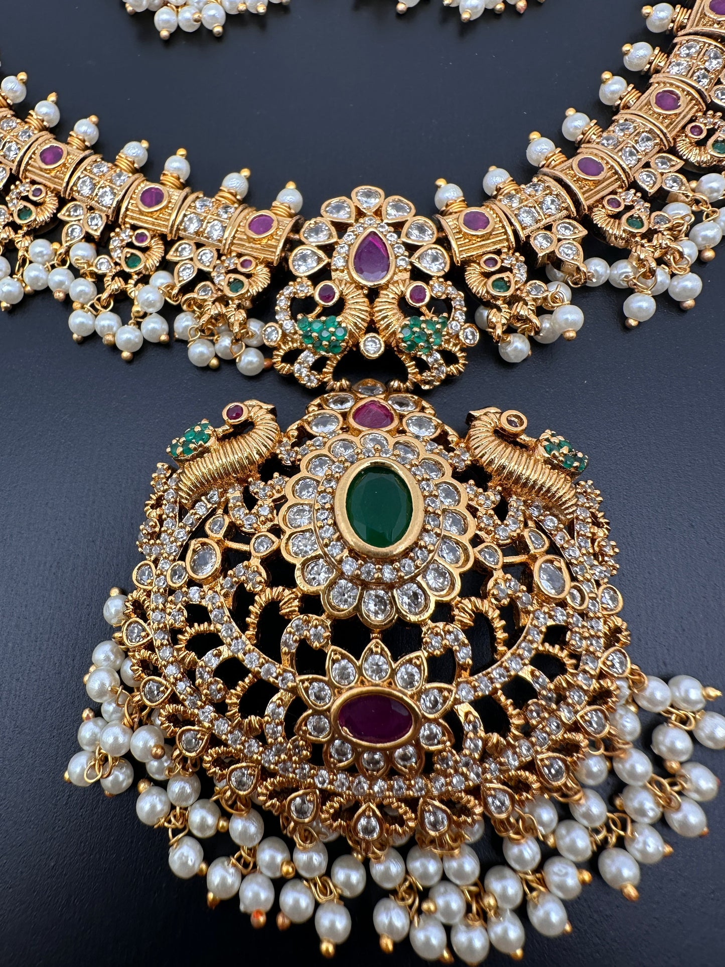 CZ Red Green Stone Peacock Design Guttapusalu Necklace