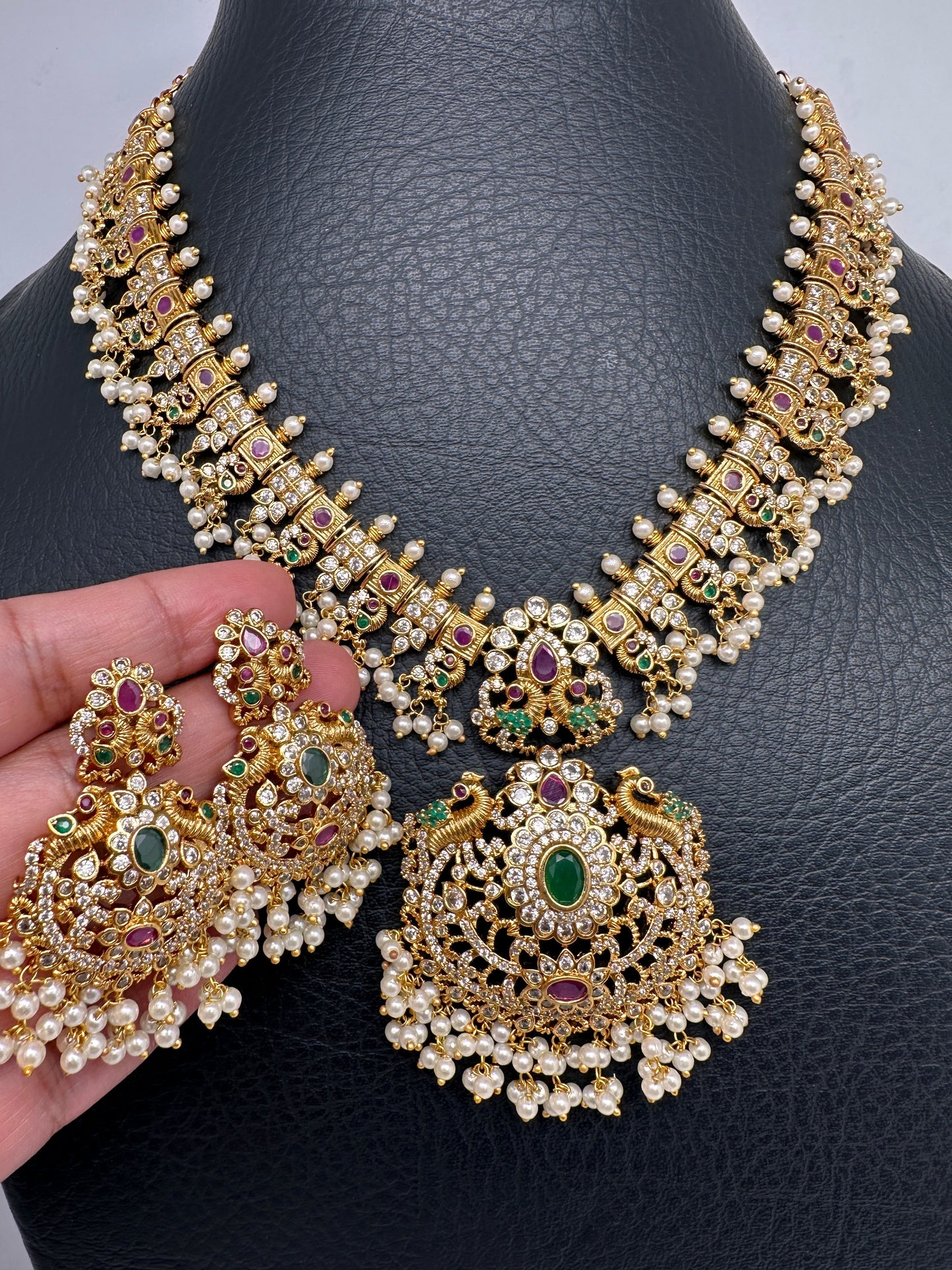CZ Red Green Stone Peacock Design Guttapusalu Necklace