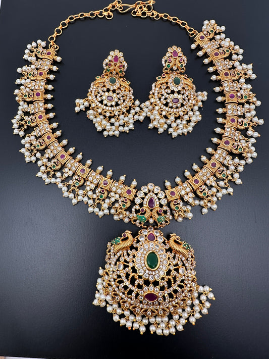 CZ Red Green Stone Peacock Design Guttapusalu Necklace