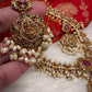 Goddess Lakshmi CZ Red Green Stone Rice Pearls Guttapusalu Necklace