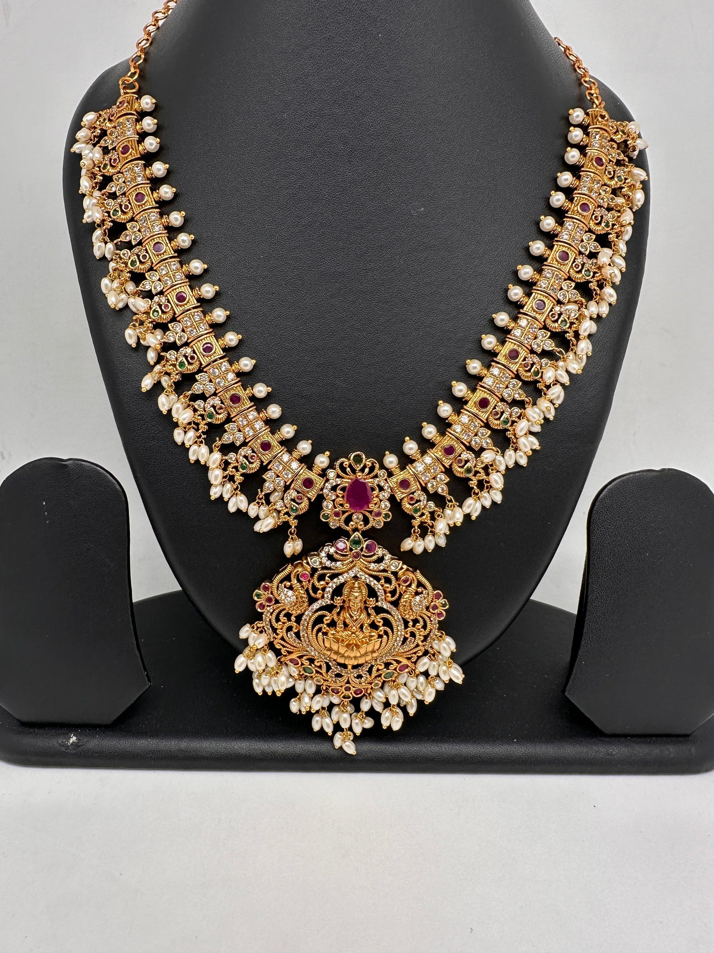 Goddess Lakshmi CZ Red Green Stone Rice Pearls Guttapusalu Necklace
