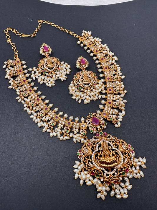 Goddess Lakshmi CZ Red Green Stone Rice Pearls Guttapusalu Necklace