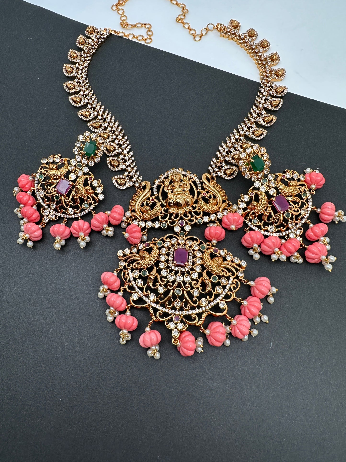 Goddess Lakshmi CZ Red Stone Pink Pumpkin beads Necklace
